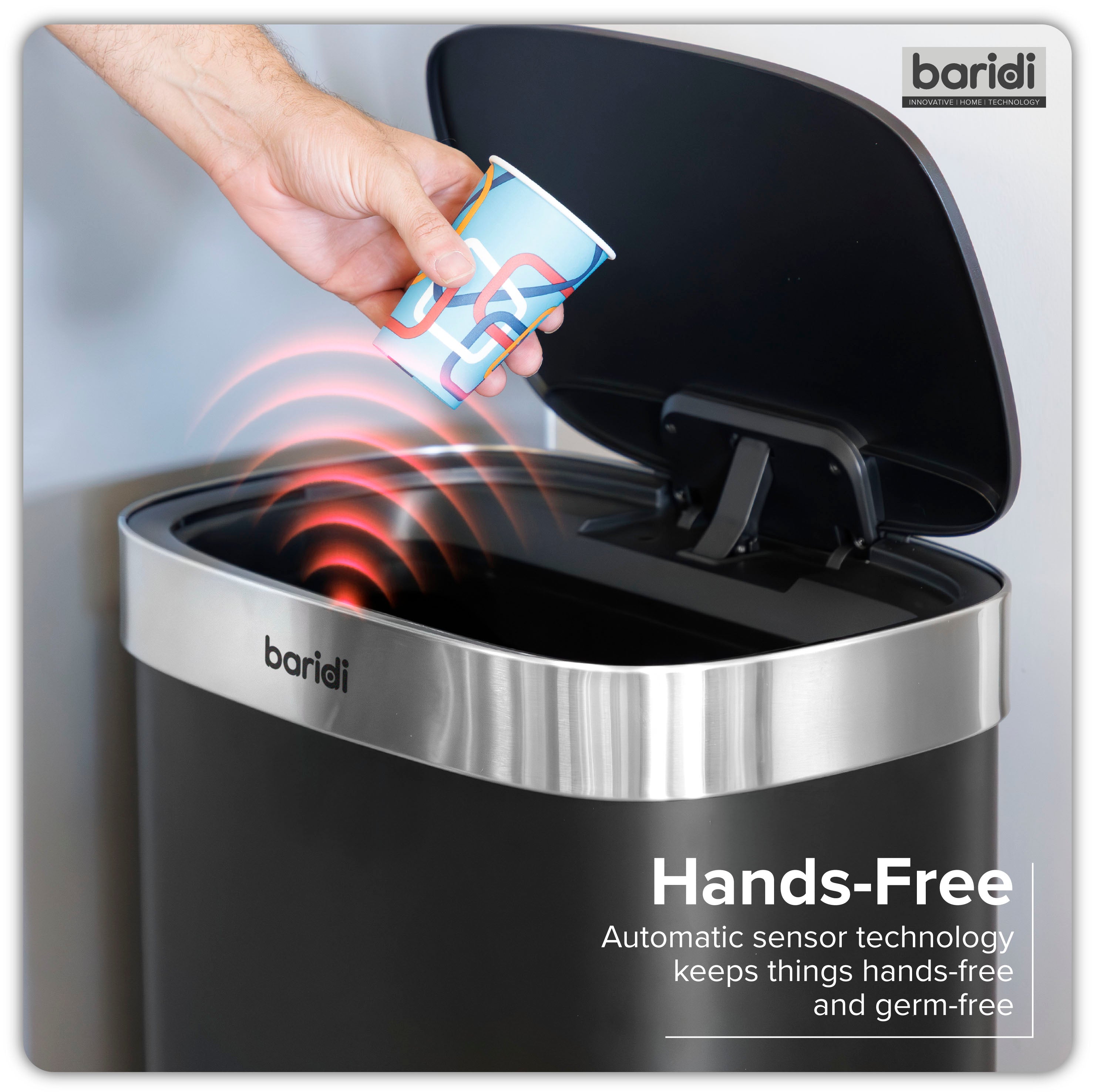 Baridi Sensor Bin, 50L Capacity, Black/Stainless Steel – DH281