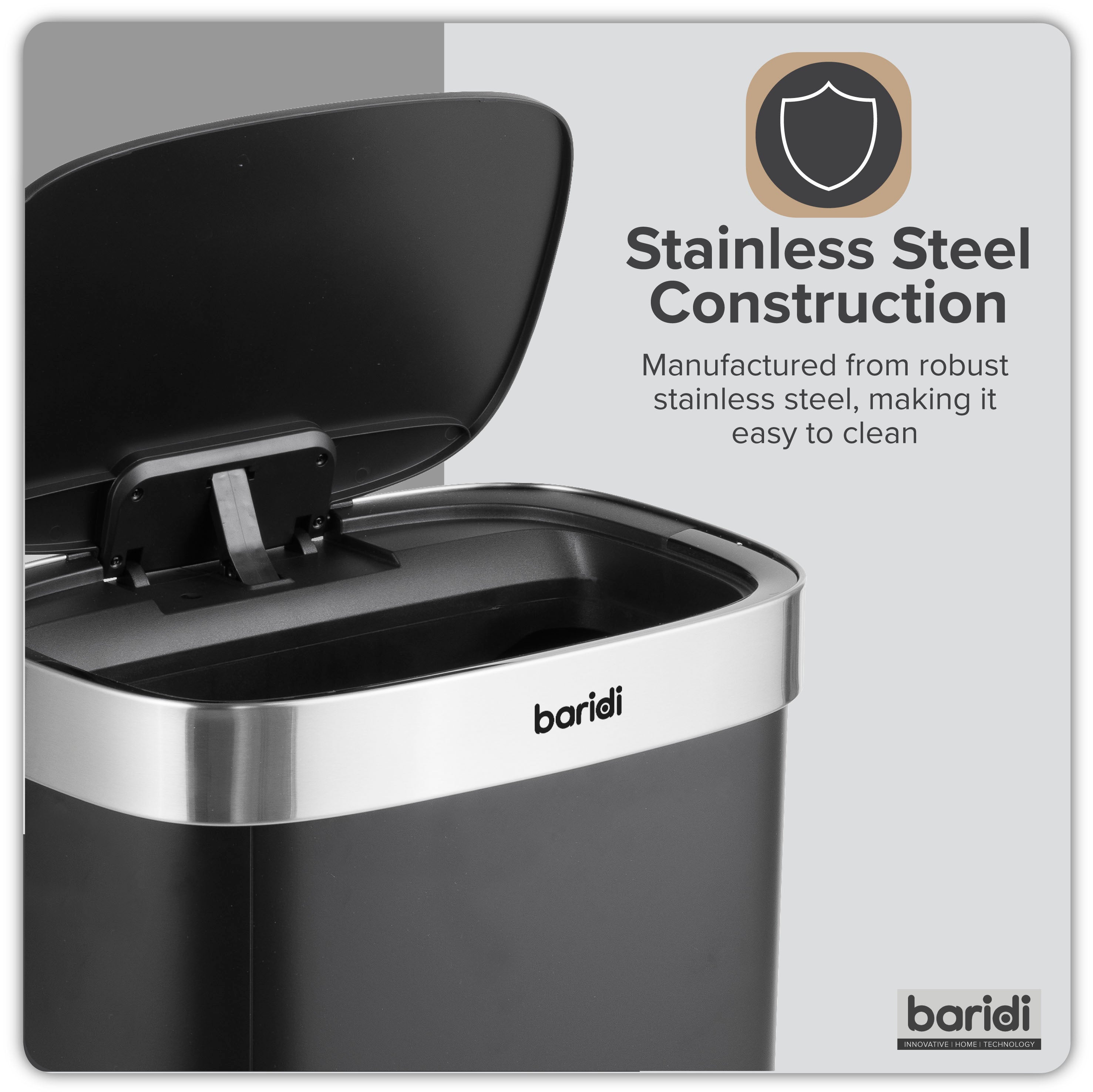 Baridi Sensor Bin, 50L Capacity, Black/Stainless Steel – DH281