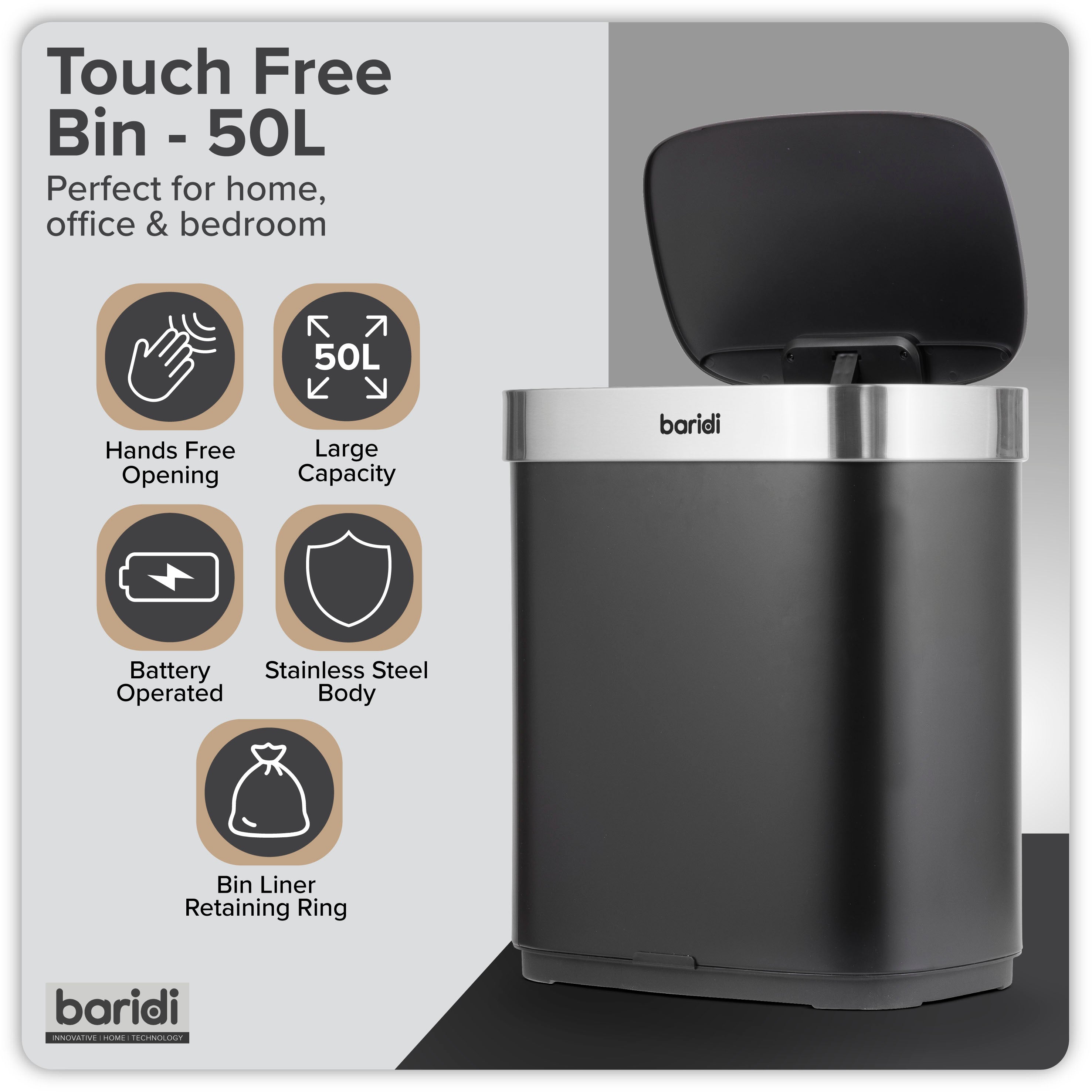 Baridi Sensor Bin, 50L Capacity, Black/Stainless Steel – DH281