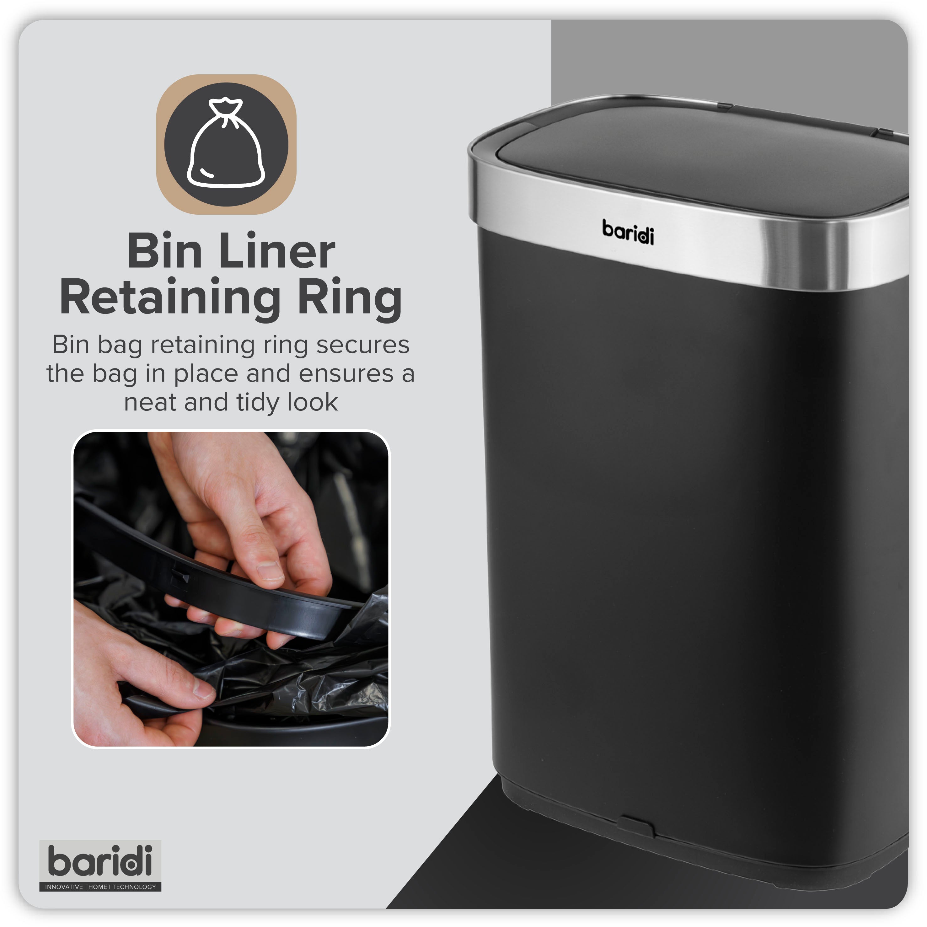 Baridi Sensor Bin, 65L Capacity, Black/Stainless Steel – DH282