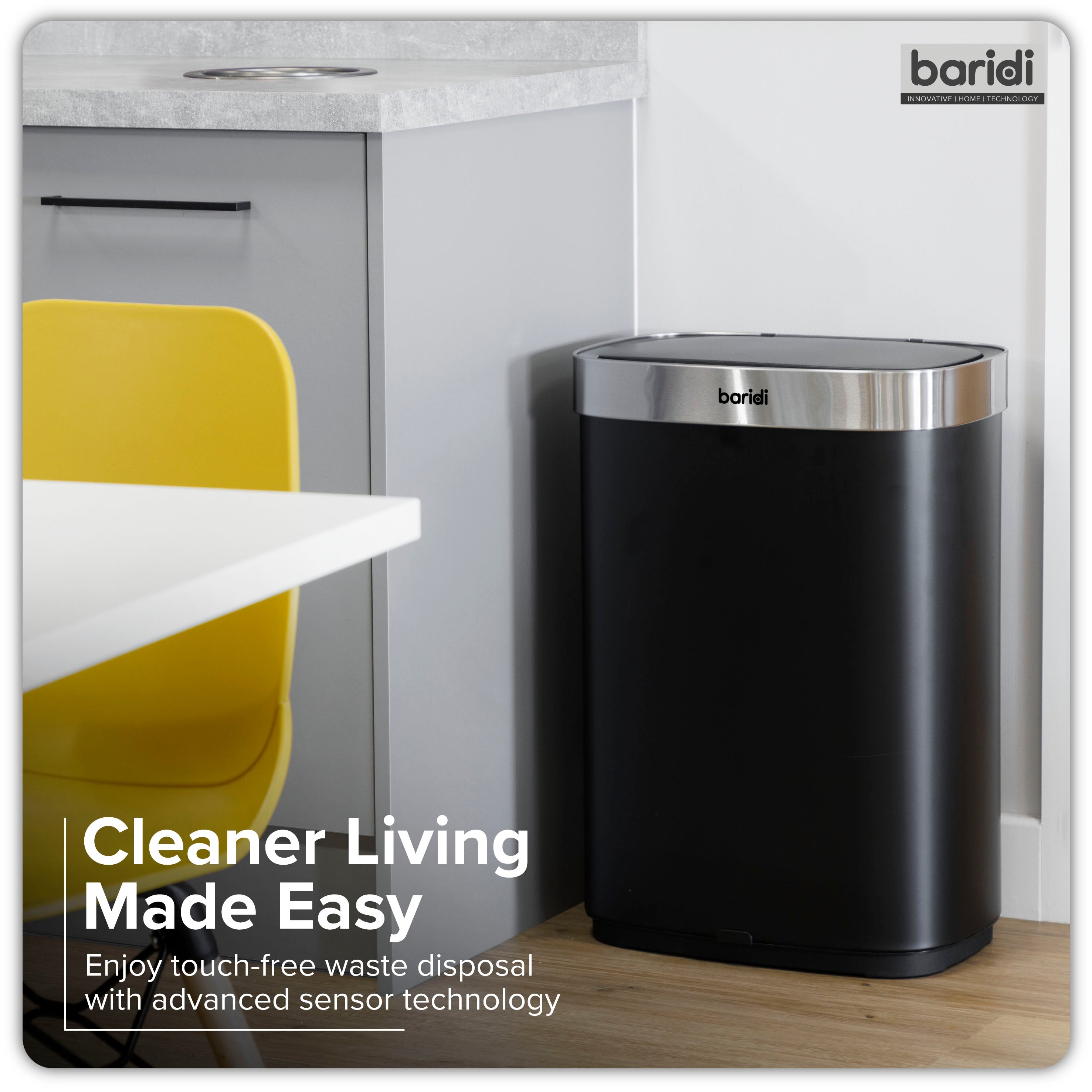 Baridi Sensor Bin, 65L Capacity, Black/Stainless Steel – DH282