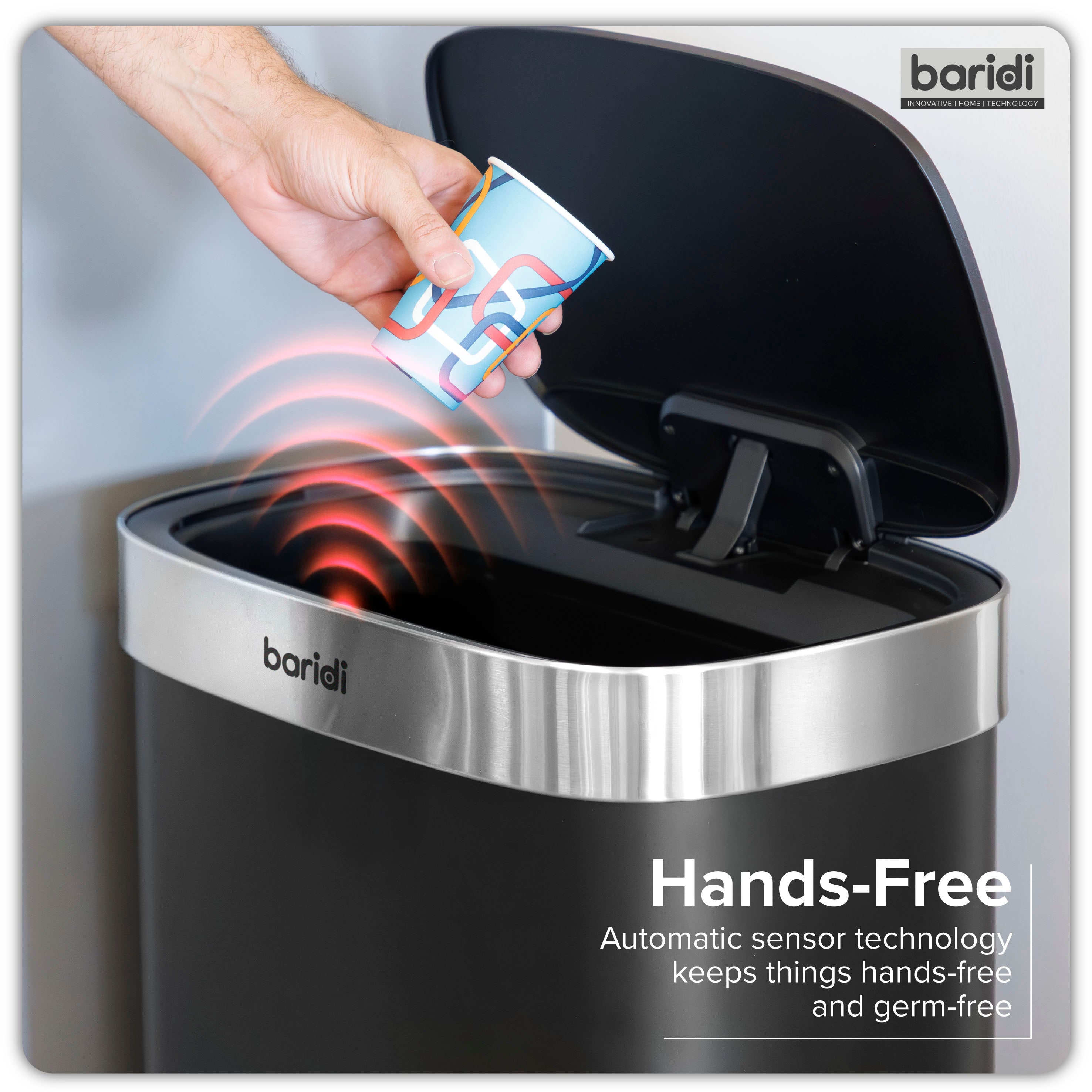 Baridi Sensor Bin, 80L Capacity, Black/Stainless Steel - DH283