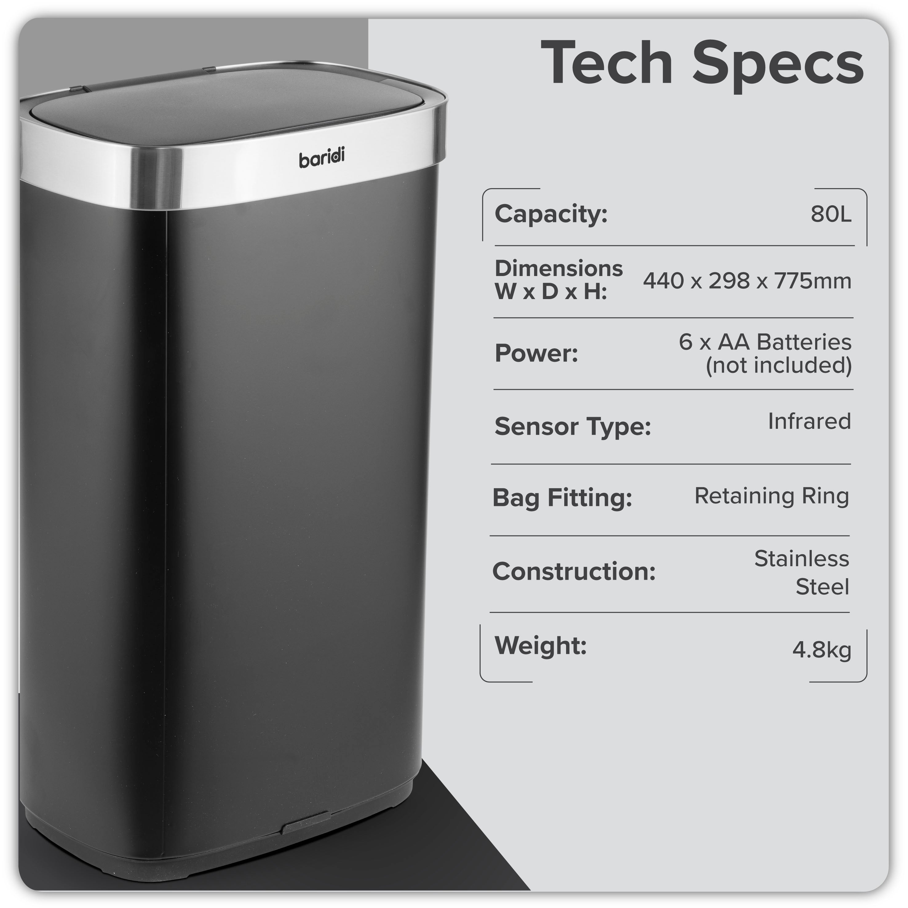 Baridi Sensor Bin, 80L Capacity, Black/Stainless Steel - DH283