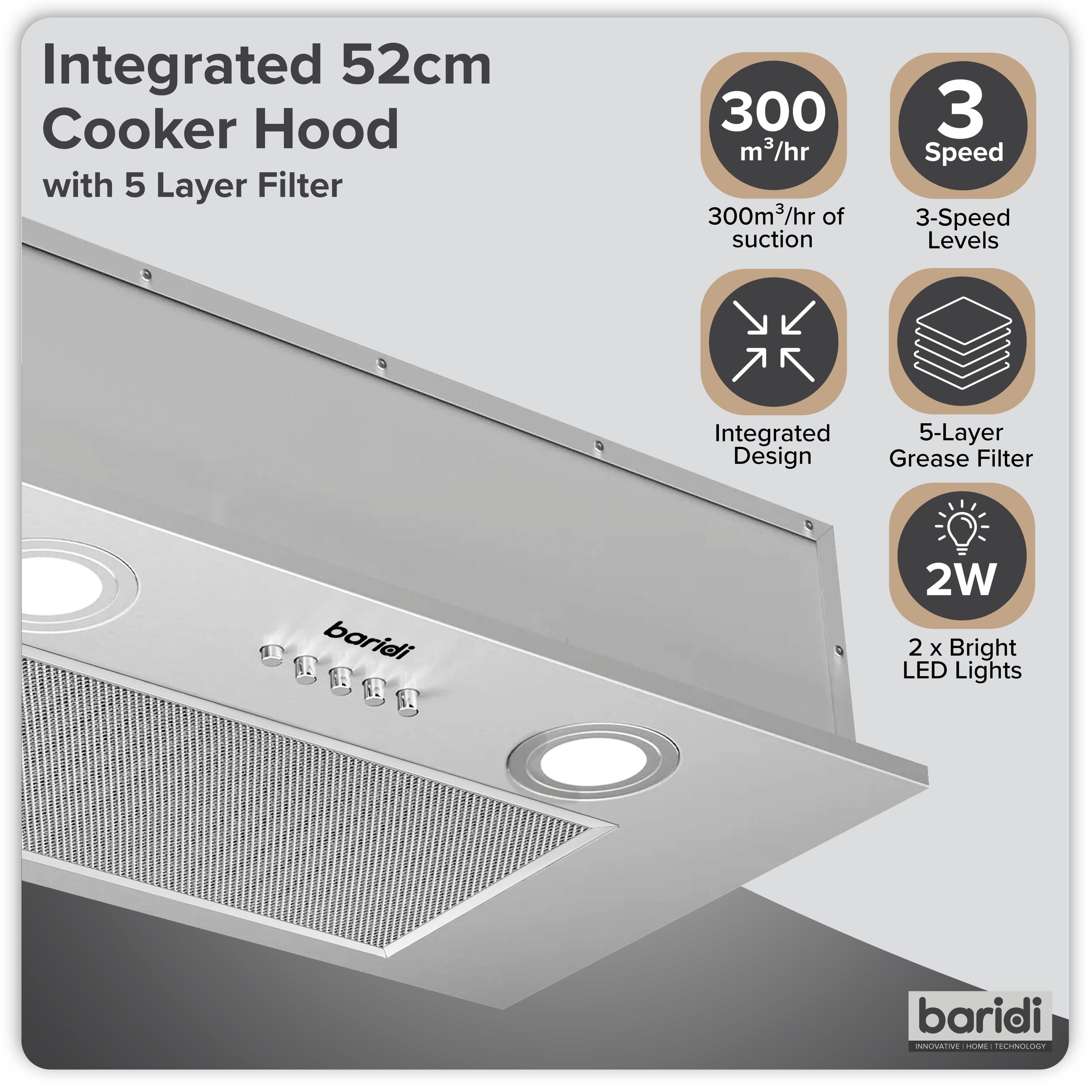 Baridi Built-In Cooker Hood 52cm with 5 Layer Filter, Stainless Steel - DH284