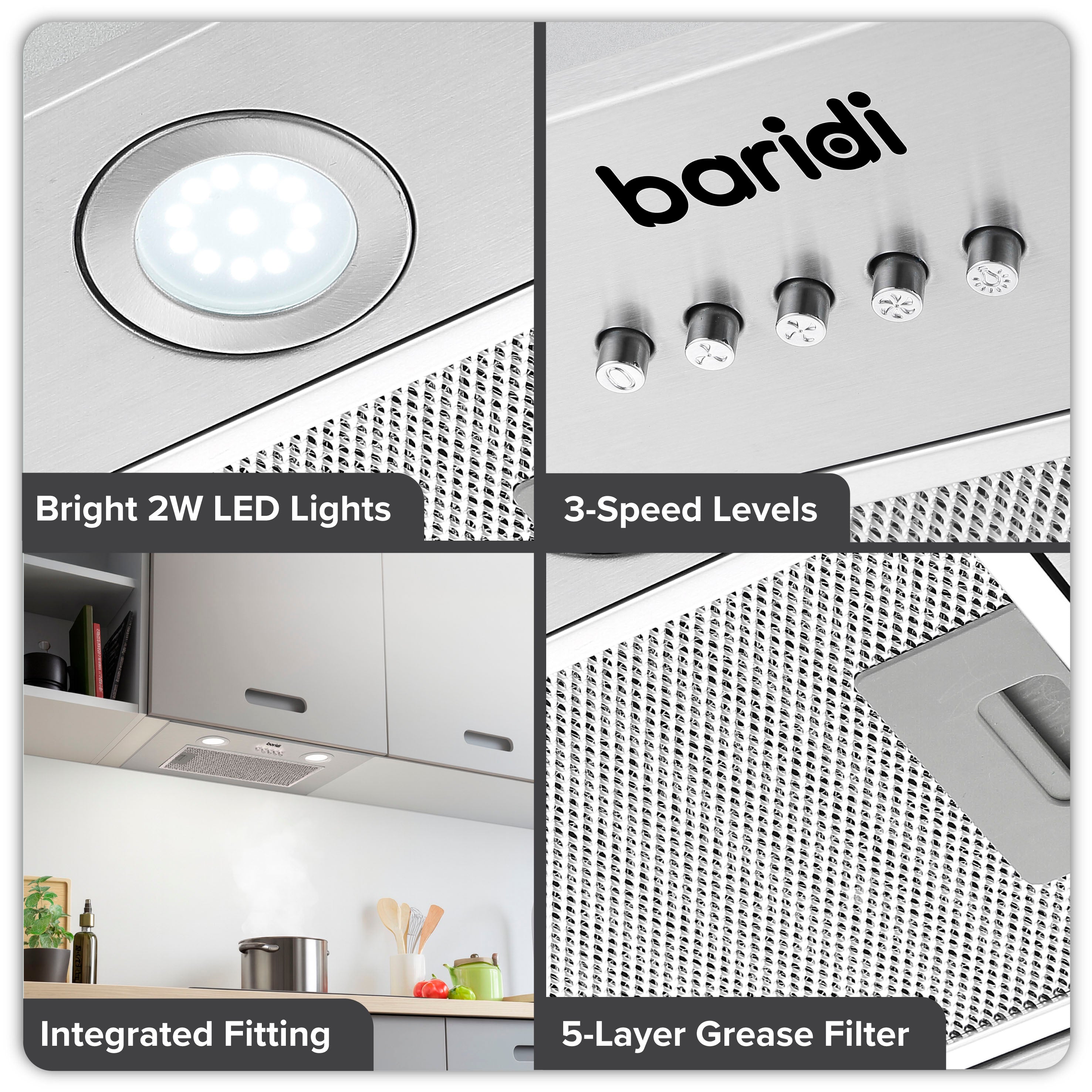 Baridi Built-In Cooker Hood 52cm with 5 Layer Filter, Stainless Steel - DH284
