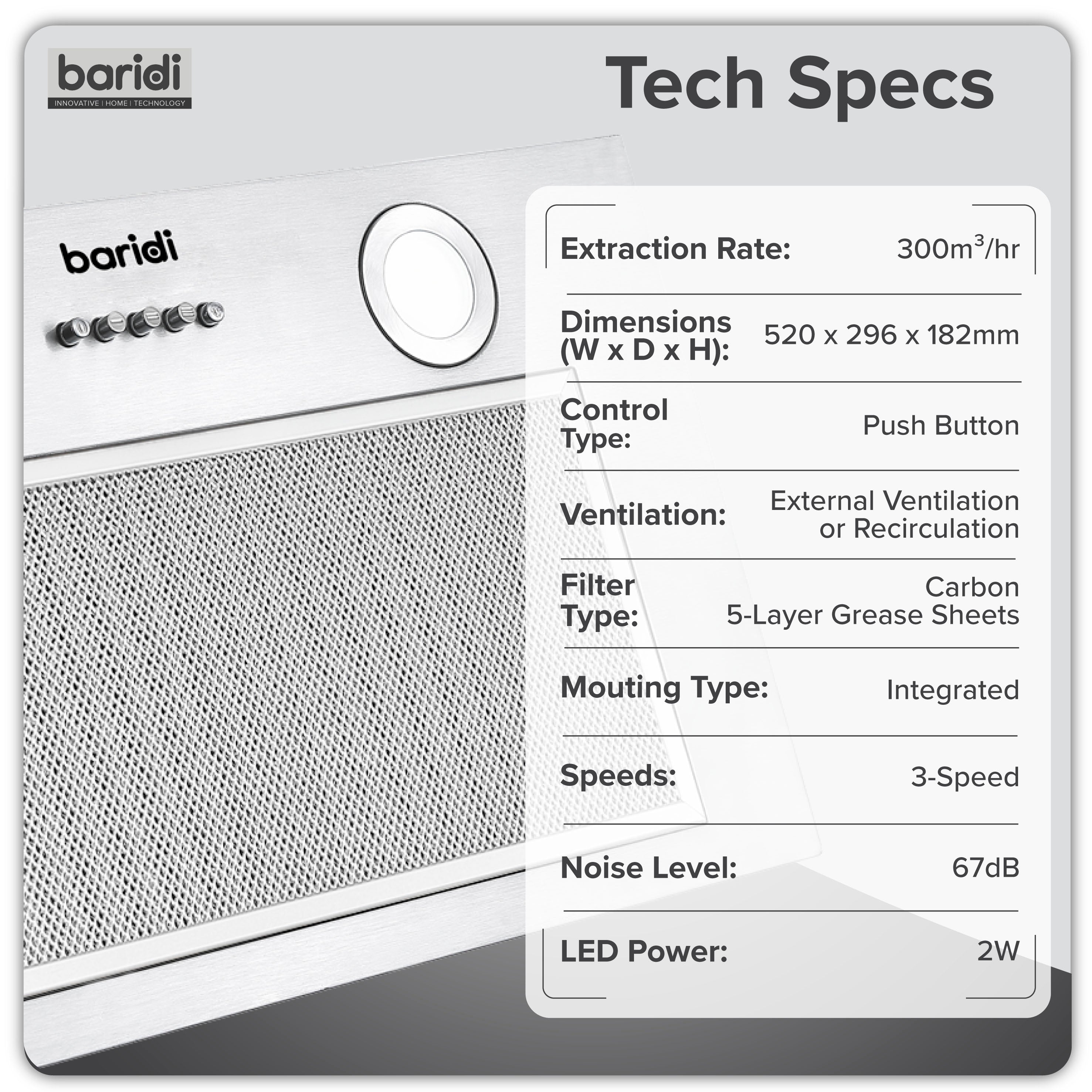 Baridi Built-In Cooker Hood 52cm with 5 Layer Filter, Stainless Steel - DH284