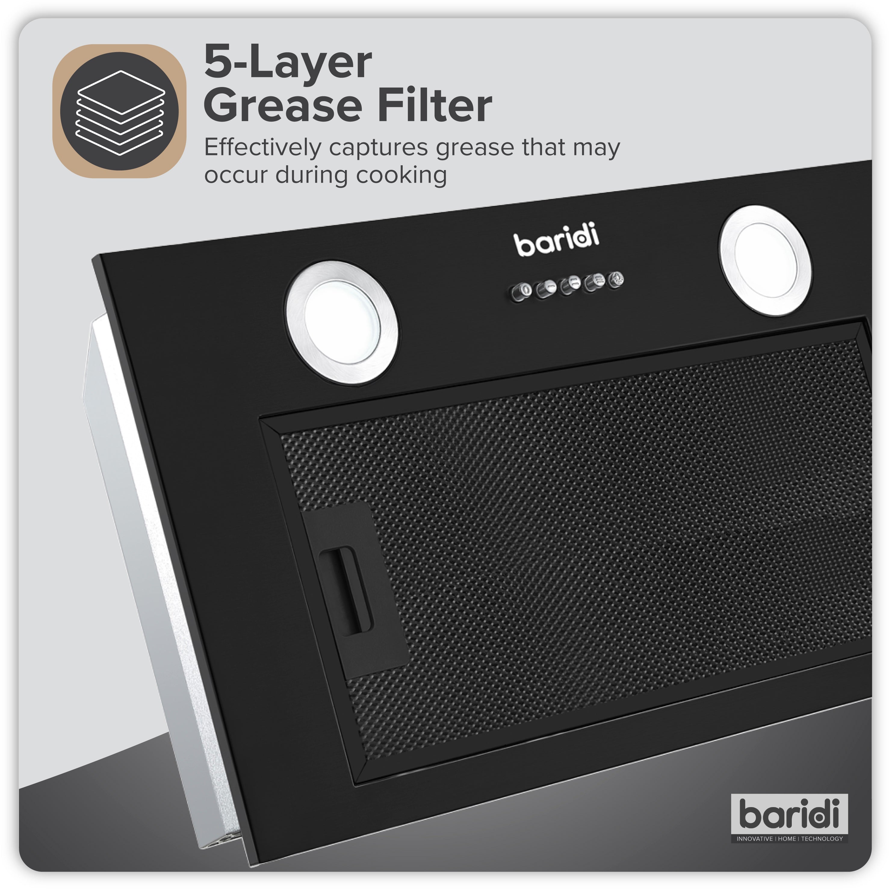 Baridi Built-In Cooker Hood 52cm with 5 Layer Filter, Black - DH285