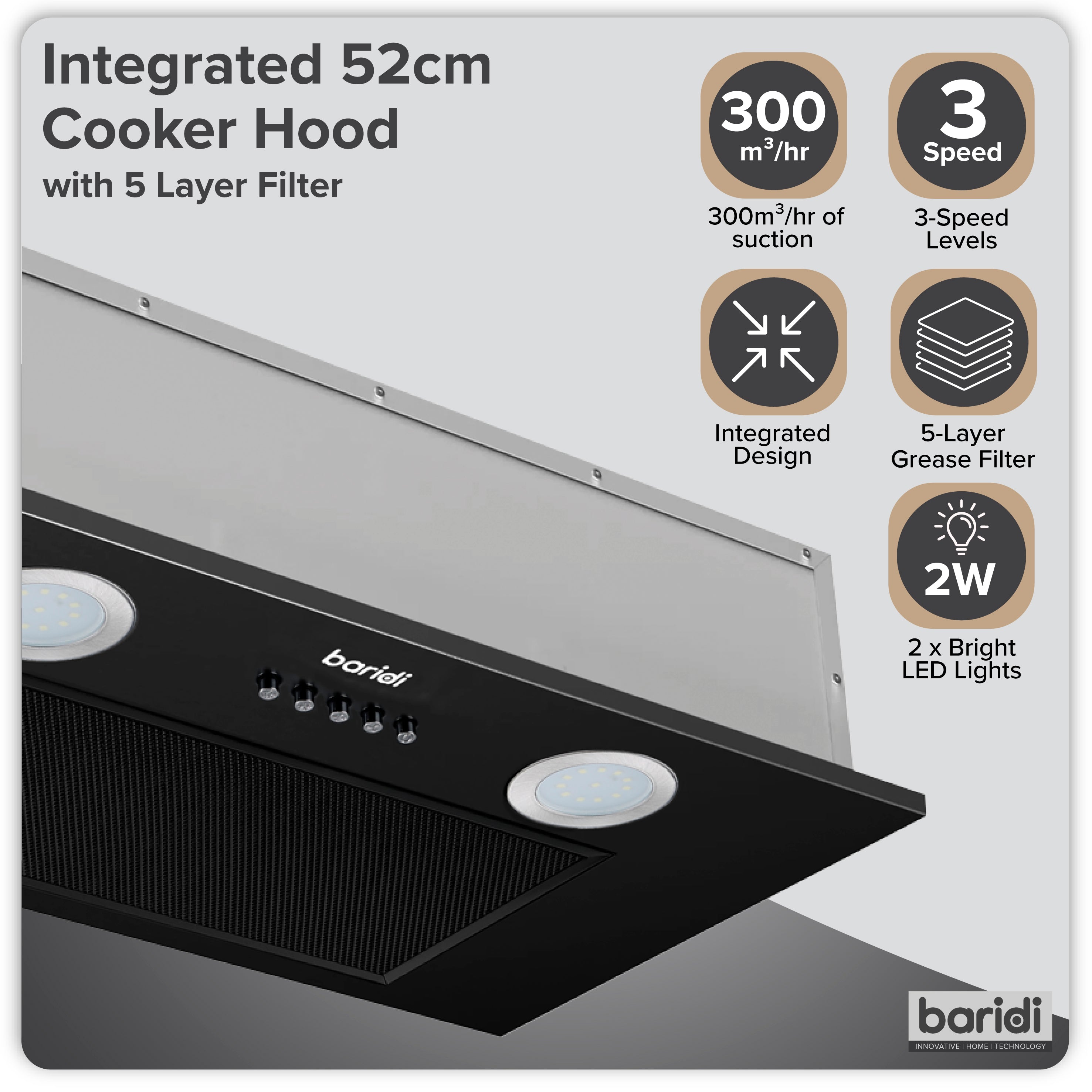 Baridi Built-In Cooker Hood 52cm with 5 Layer Filter, Black - DH285