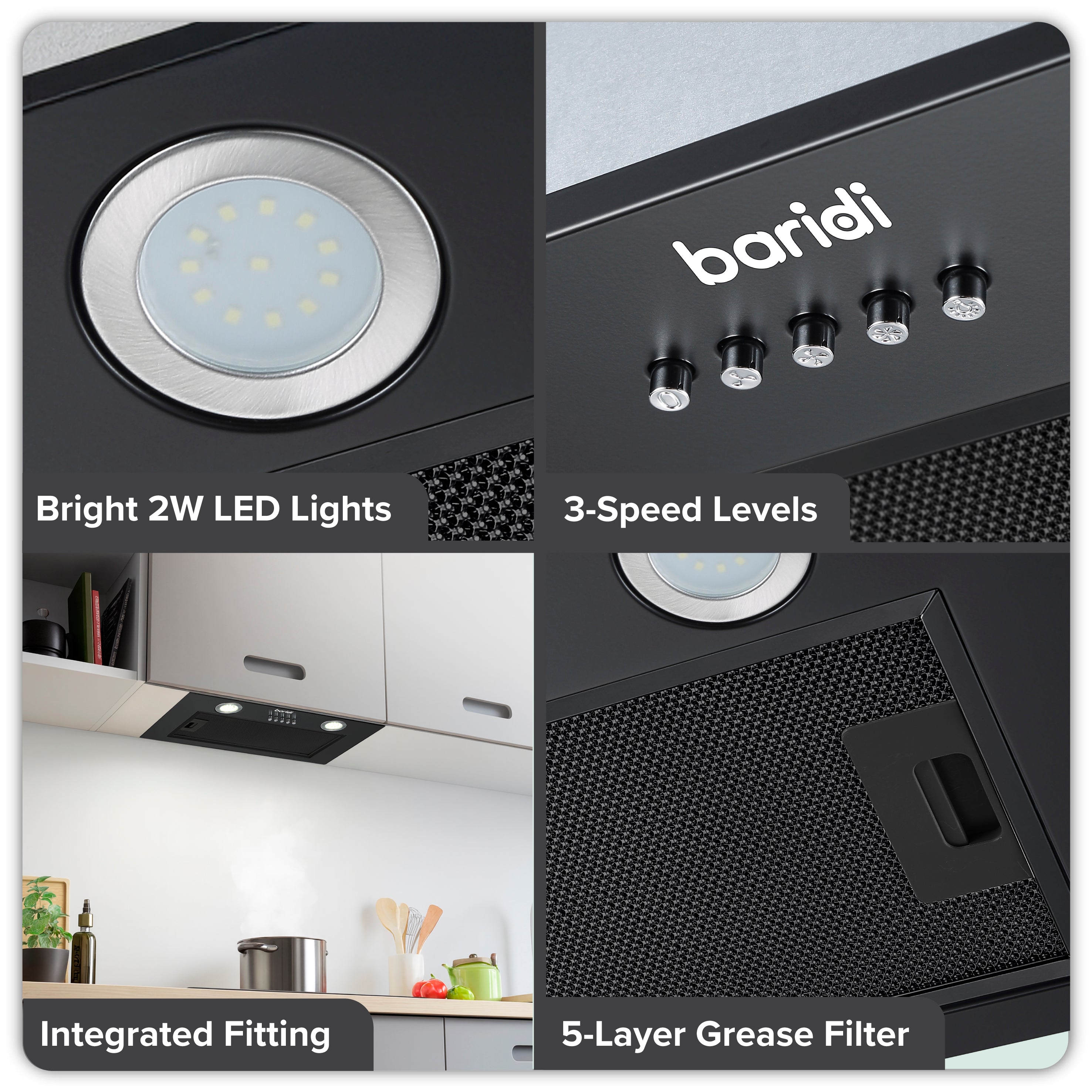 Baridi Built-In Cooker Hood 52cm with 5 Layer Filter, Black - DH285