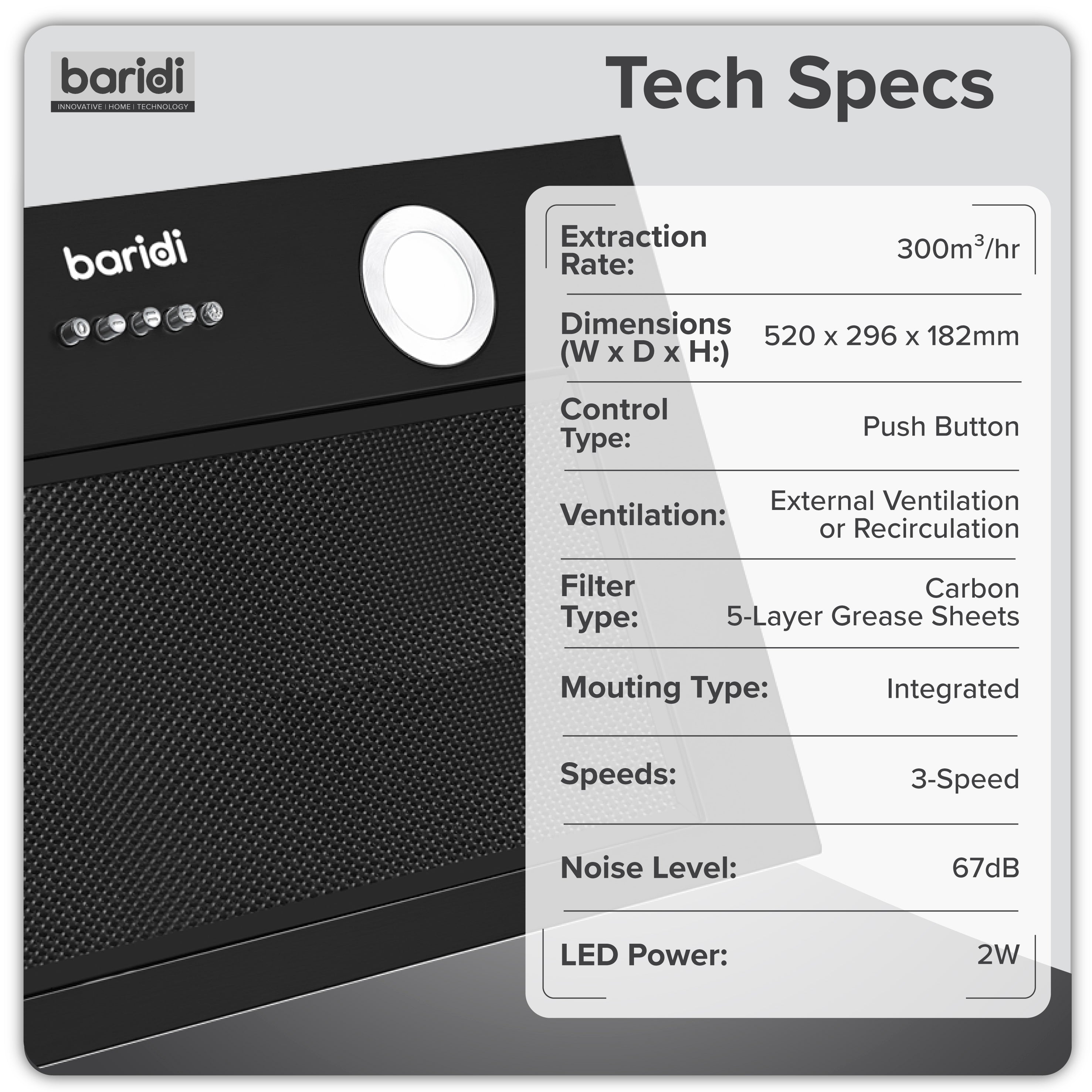 Baridi Built-In Cooker Hood 52cm with 5 Layer Filter, Black - DH285