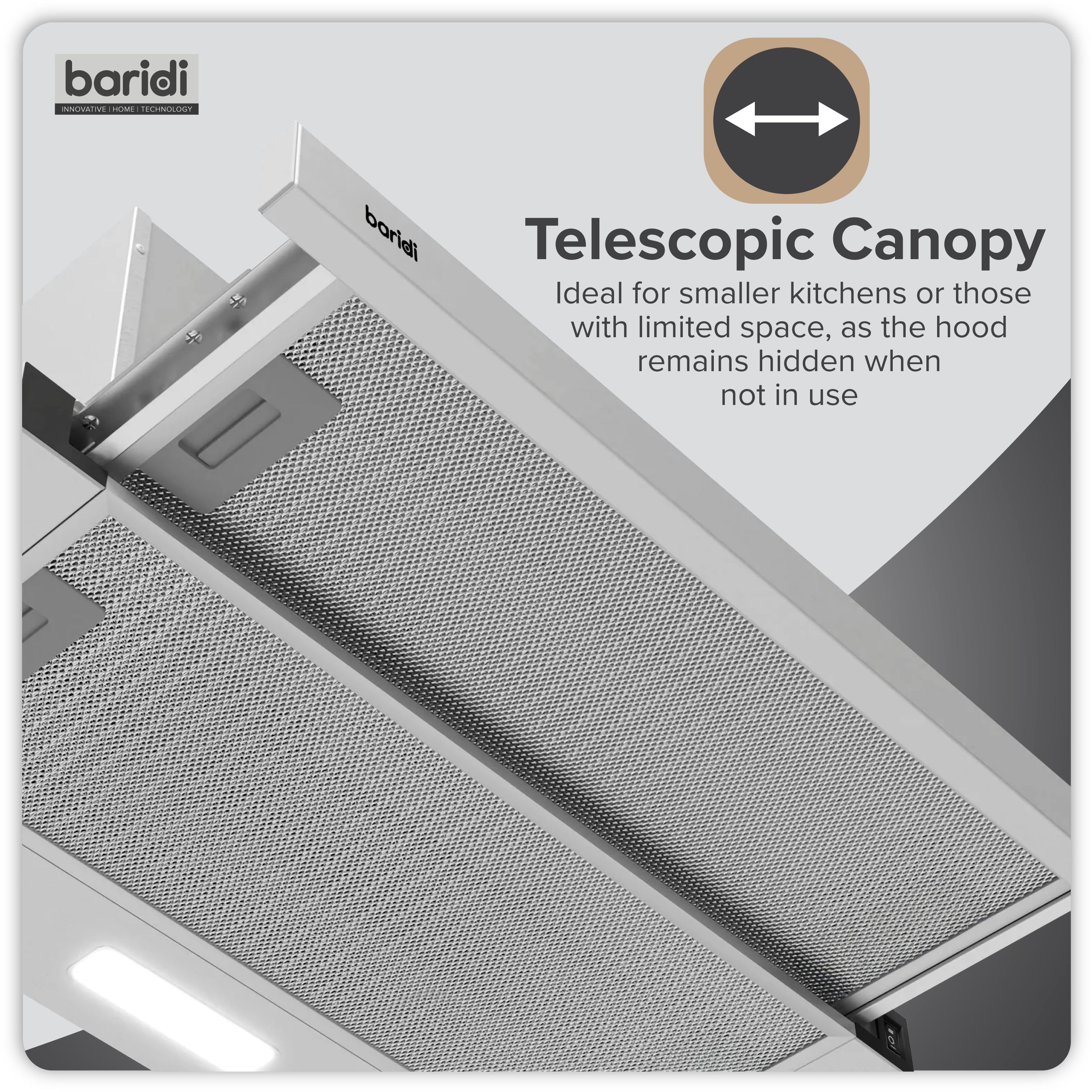 Baridi Telescopic Cooker Hood, 60cm with Aluminium Filters, Stainless Steel – DH286