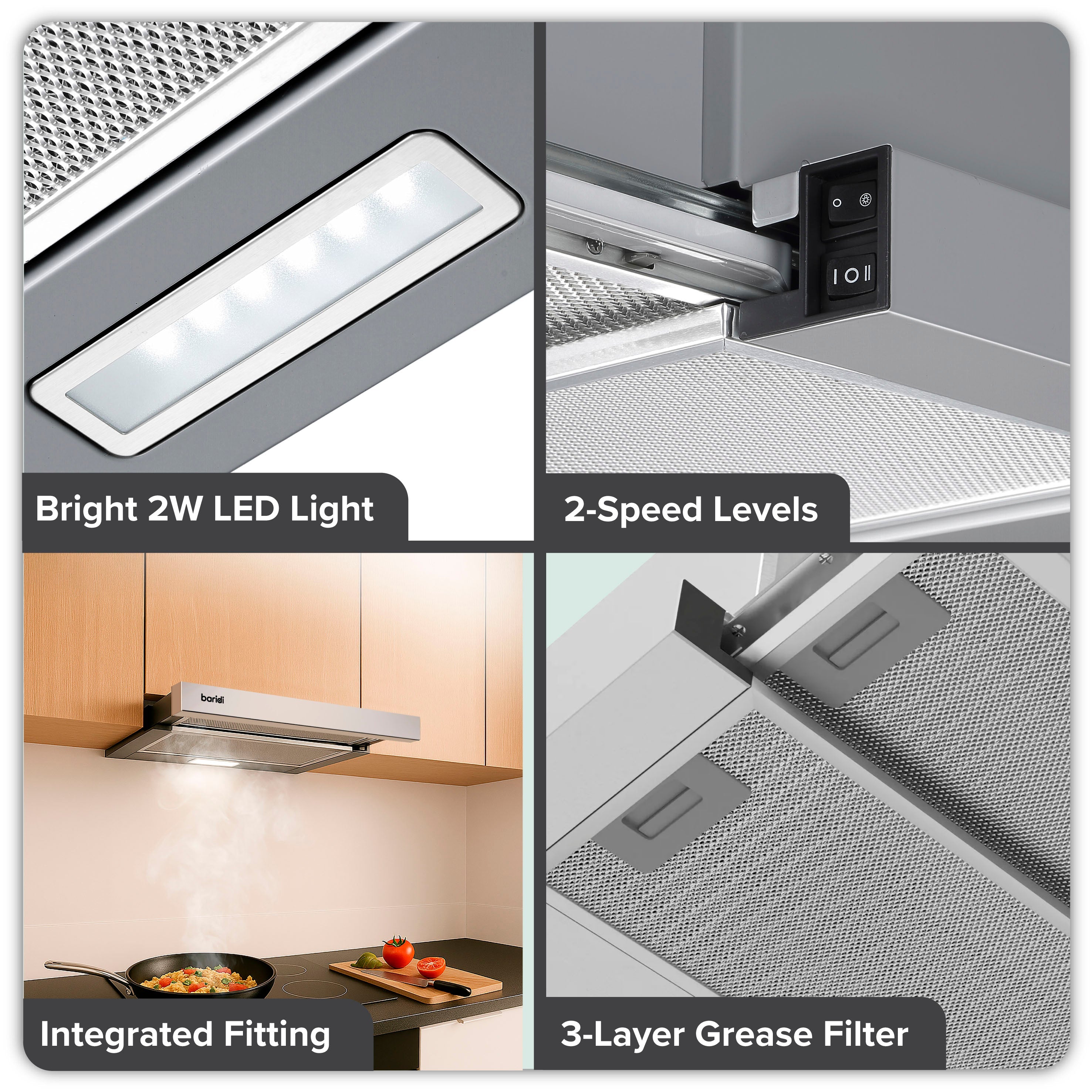 Baridi Telescopic Cooker Hood, 60cm with Aluminium Filters, Stainless Steel – DH286