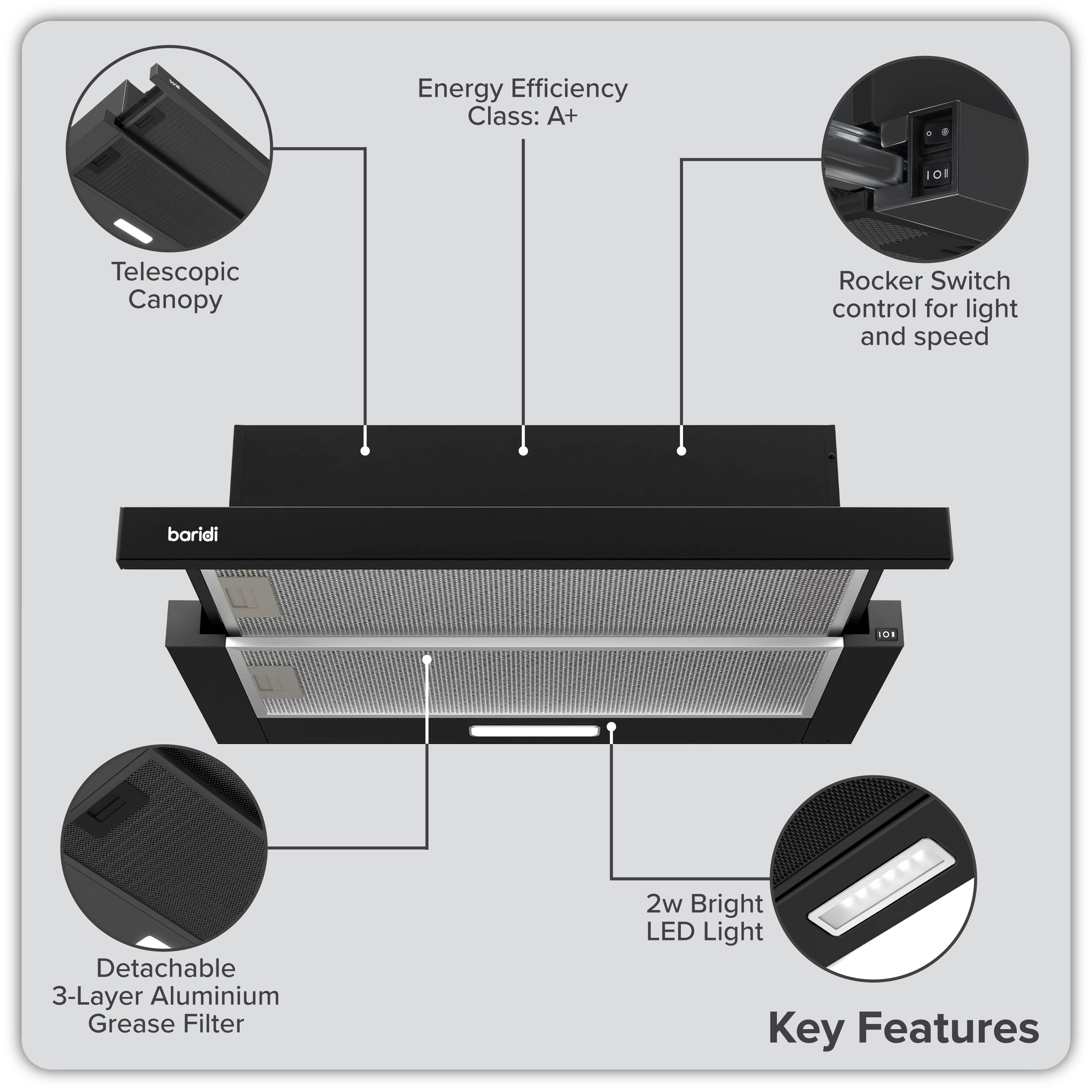 Baridi Telescopic Cooker Hood, 60cm with Aluminium Filters, Black – DH287