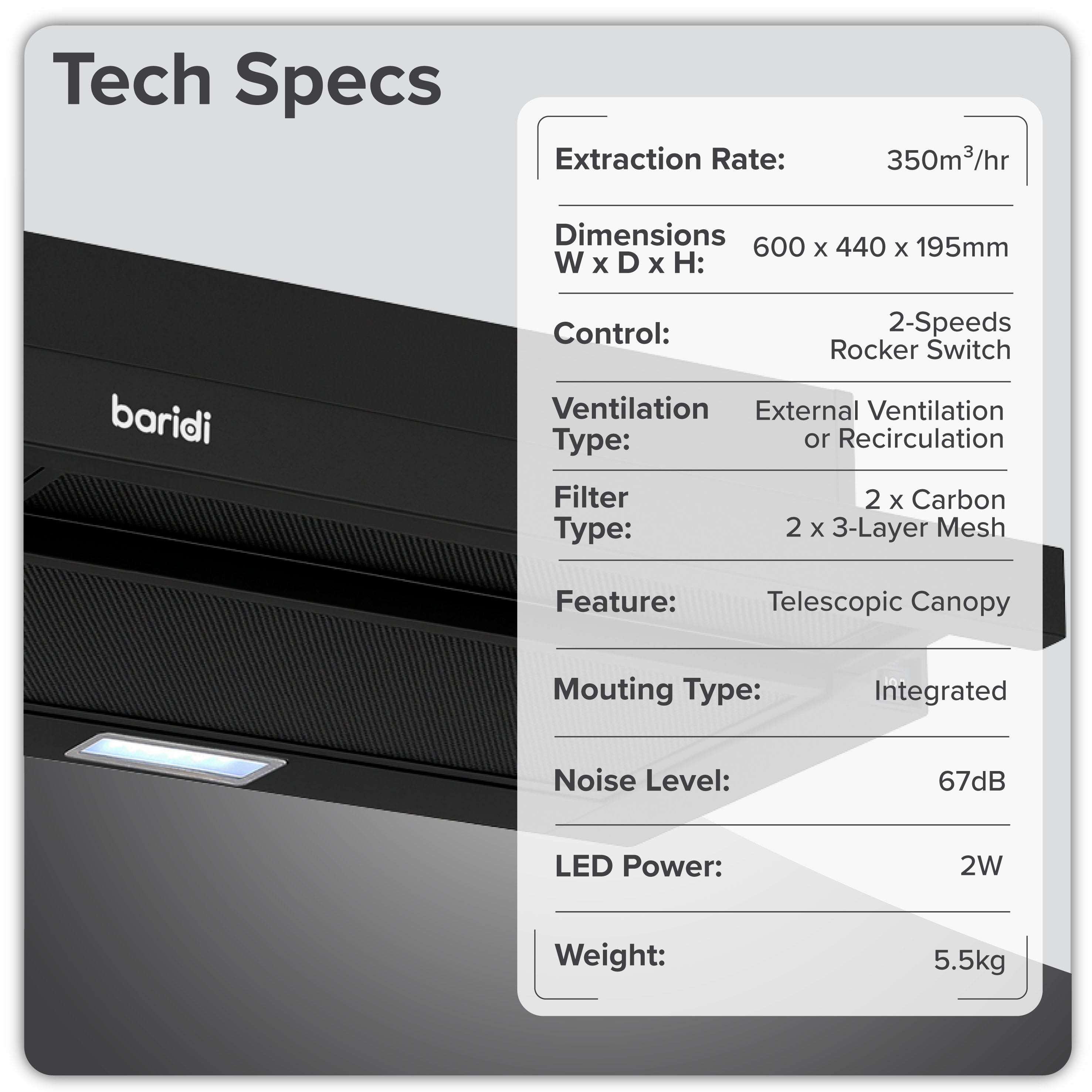 Baridi Telescopic Cooker Hood, 60cm with Aluminium Filters, Black – DH287