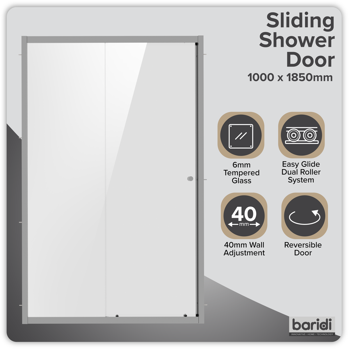 Baridi Sliding Shower Door 1000 x 1850mm, 6mm Tempered Glass, Chrome – DH292