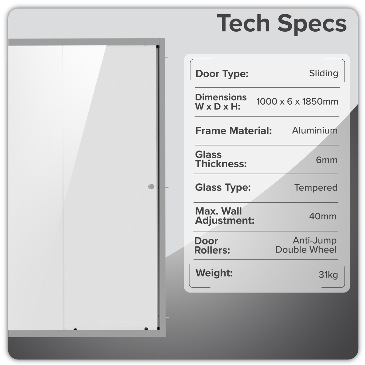 Baridi Sliding Shower Door 1000 x 1850mm, 6mm Tempered Glass, Chrome – DH292