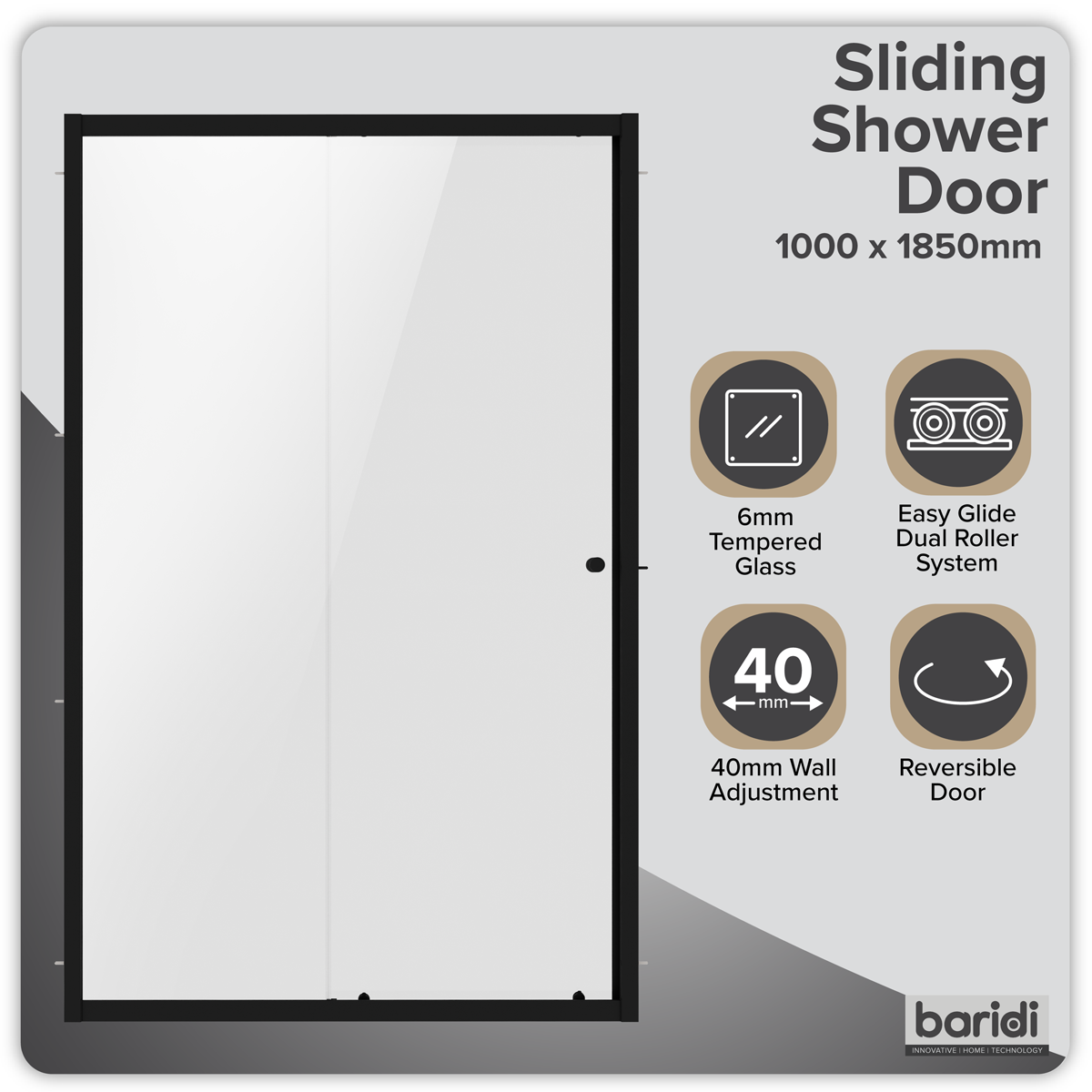 Baridi Sliding Shower Door 1000 x 1850mm, 6mm Tempered Glass, Black – DH293