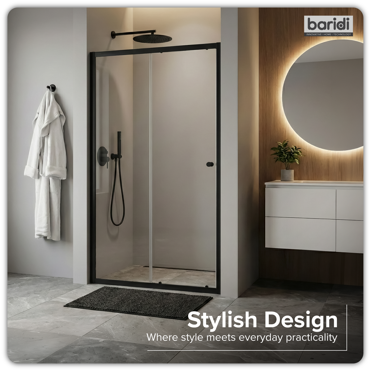 Baridi Sliding Shower Door 1000 x 1850mm, 6mm Tempered Glass, Black – DH293