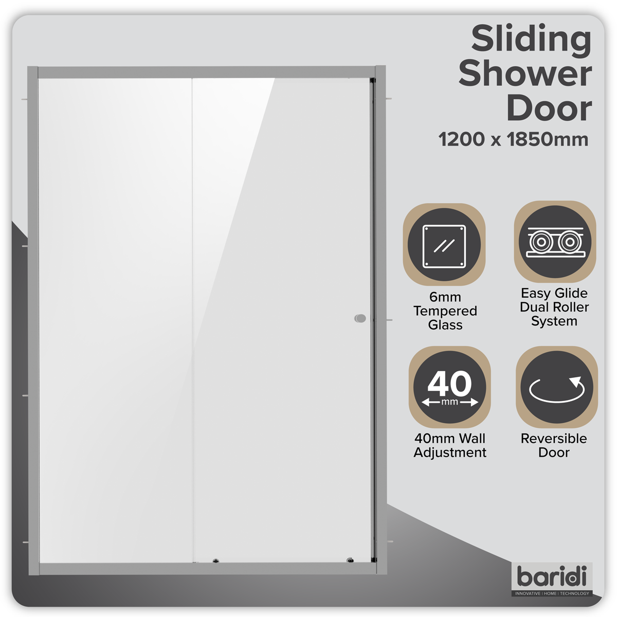 Baridi Sliding Shower Door 1200 x 1850mm, 6mm Tempered Glass, Chrome – DH294