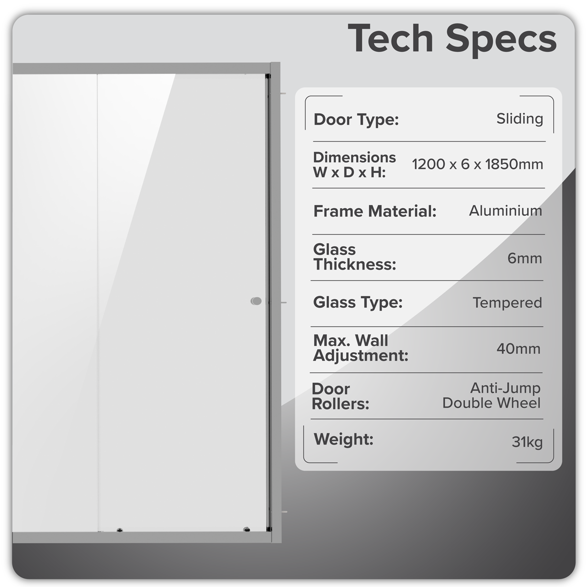 Baridi Sliding Shower Door 1200 x 1850mm, 6mm Tempered Glass, Chrome – DH294