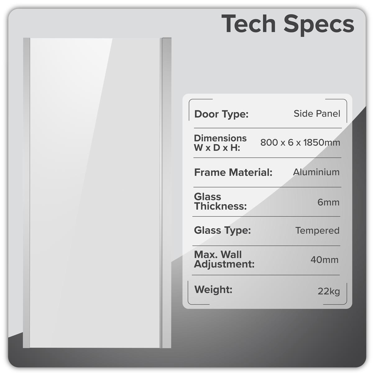 Baridi Side Panel for Sliding Shower Doors, 6mm Tempered Glass, 800 x 1850mm, Chrome - DH296
