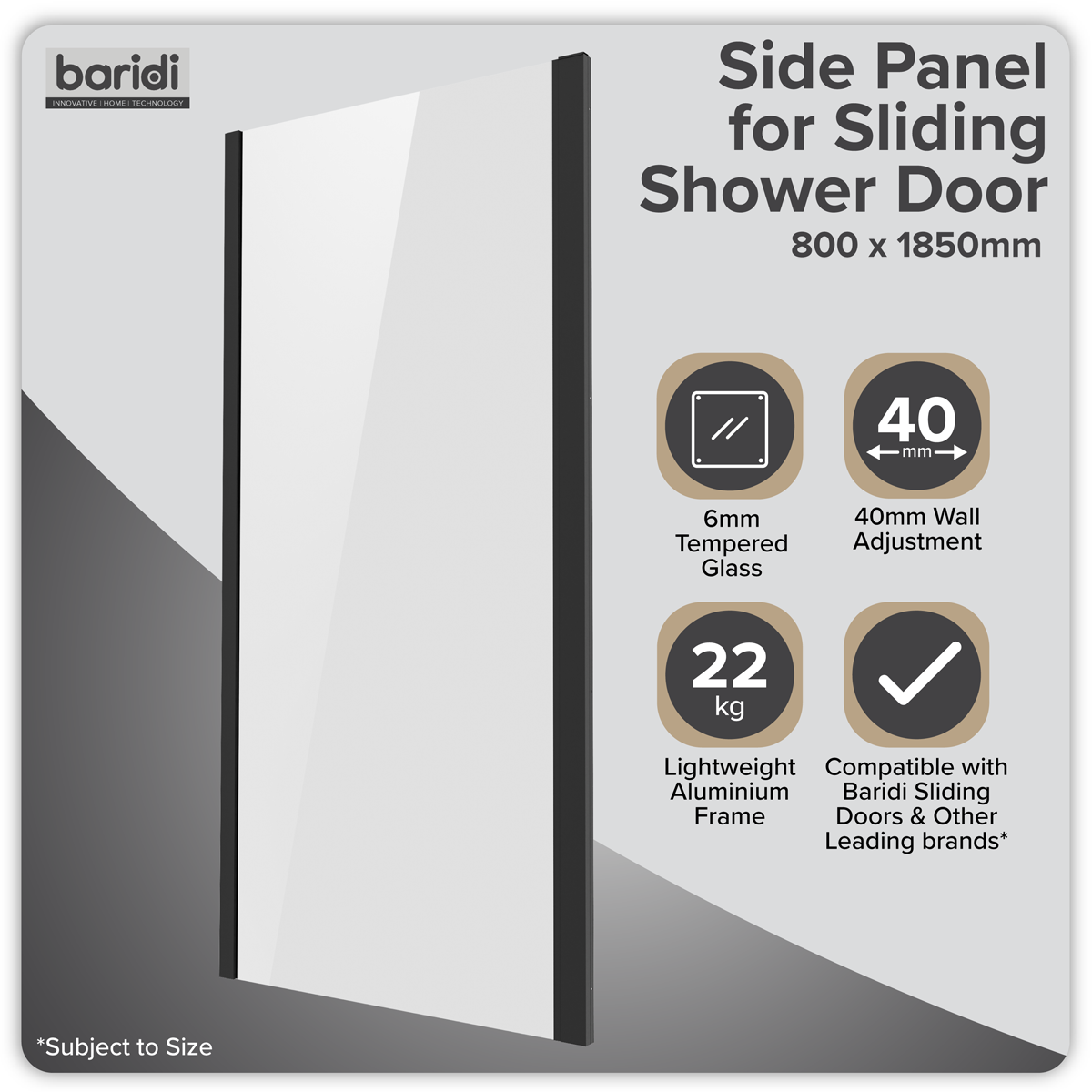 Baridi Side Panel for Sliding Shower Doors, 6mm Tempered Glass, 800 x 1850mm, Black - DH297