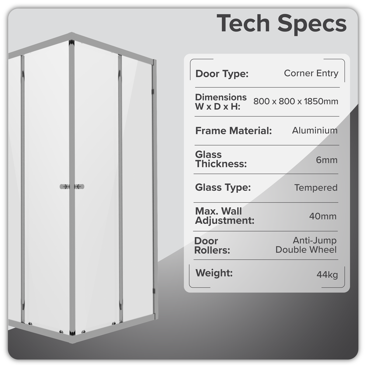 Baridi Corner Entry Shower Enclosure 800 x 800 x 1850mm with 6mm Tempered Glass, Chrome - DH298