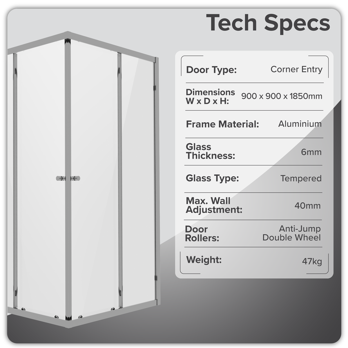 Baridi Corner Entry Shower Enclosure 900 x 900 x 1850mm with 6mm Tempered Glass - Chrome - DH299