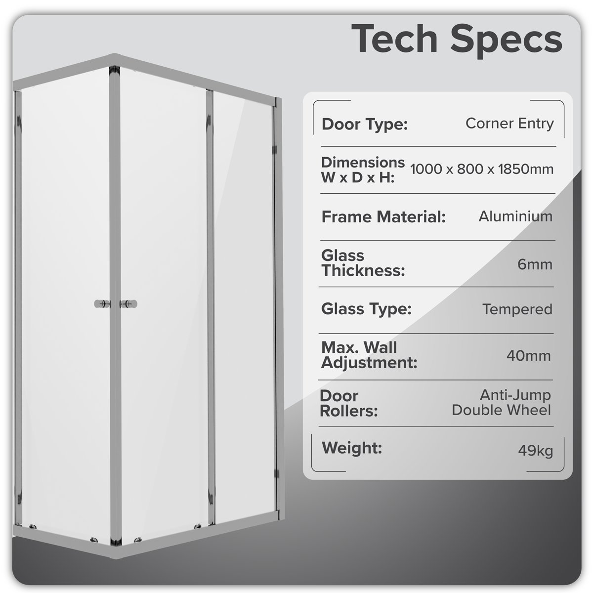 Baridi Corner Entry Shower Enclosure 1000 x 800 x 1850mm with 6mm Tempered Glass - Chrome – DH300