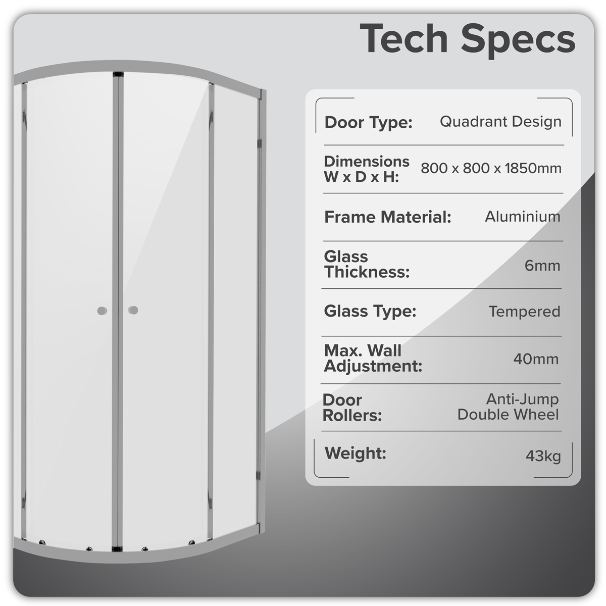 Baridi Quadrant Shower Enclosure 800 x 800 x 1850mm with 6mm Tempered Glass, Chrome - DH301