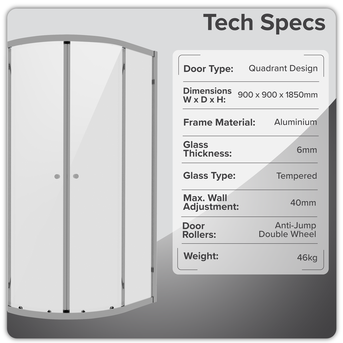 Baridi Quadrant Shower Enclosure 900 x 900 x 1850mm with 6mm Tempered Glass, Chrome - DH302