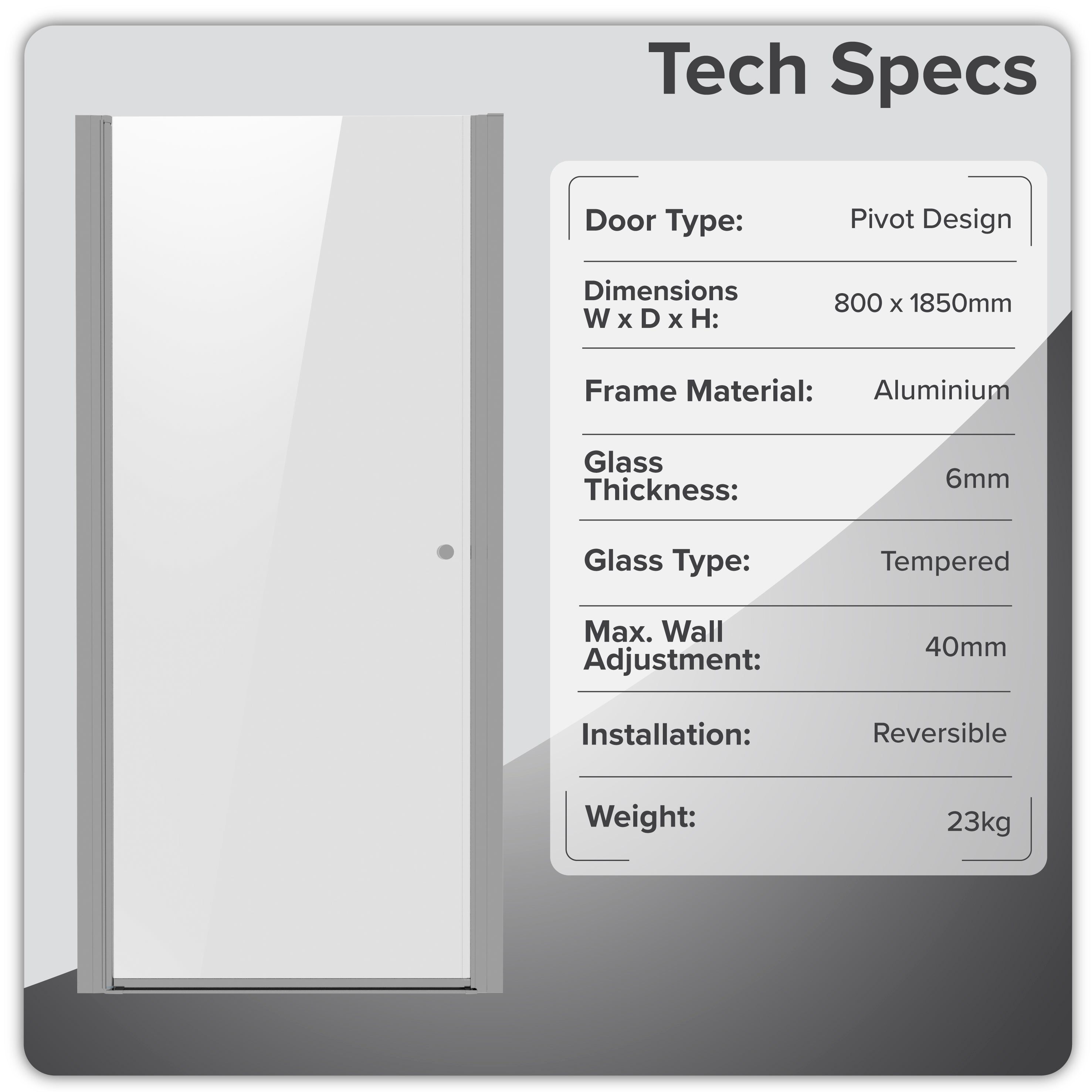 Baridi Pivot Shower Door 800 x 1850mm, 6mm Tempered Glass, Reversible Installation, Chrome - DH303