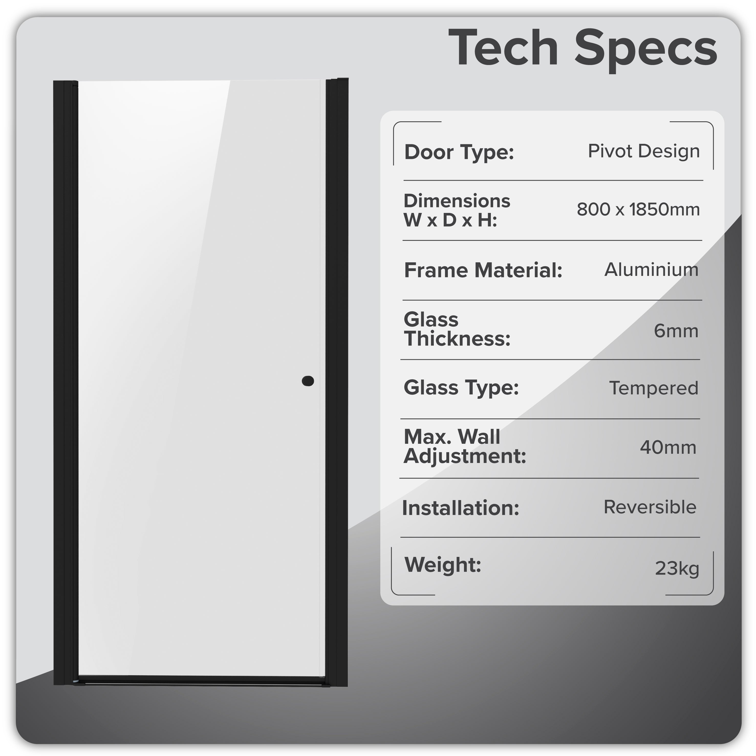 Baridi Pivot Shower Door 800 x 1850mm, 6mm Tempered Glass, Reversible Installation, Black - DH304