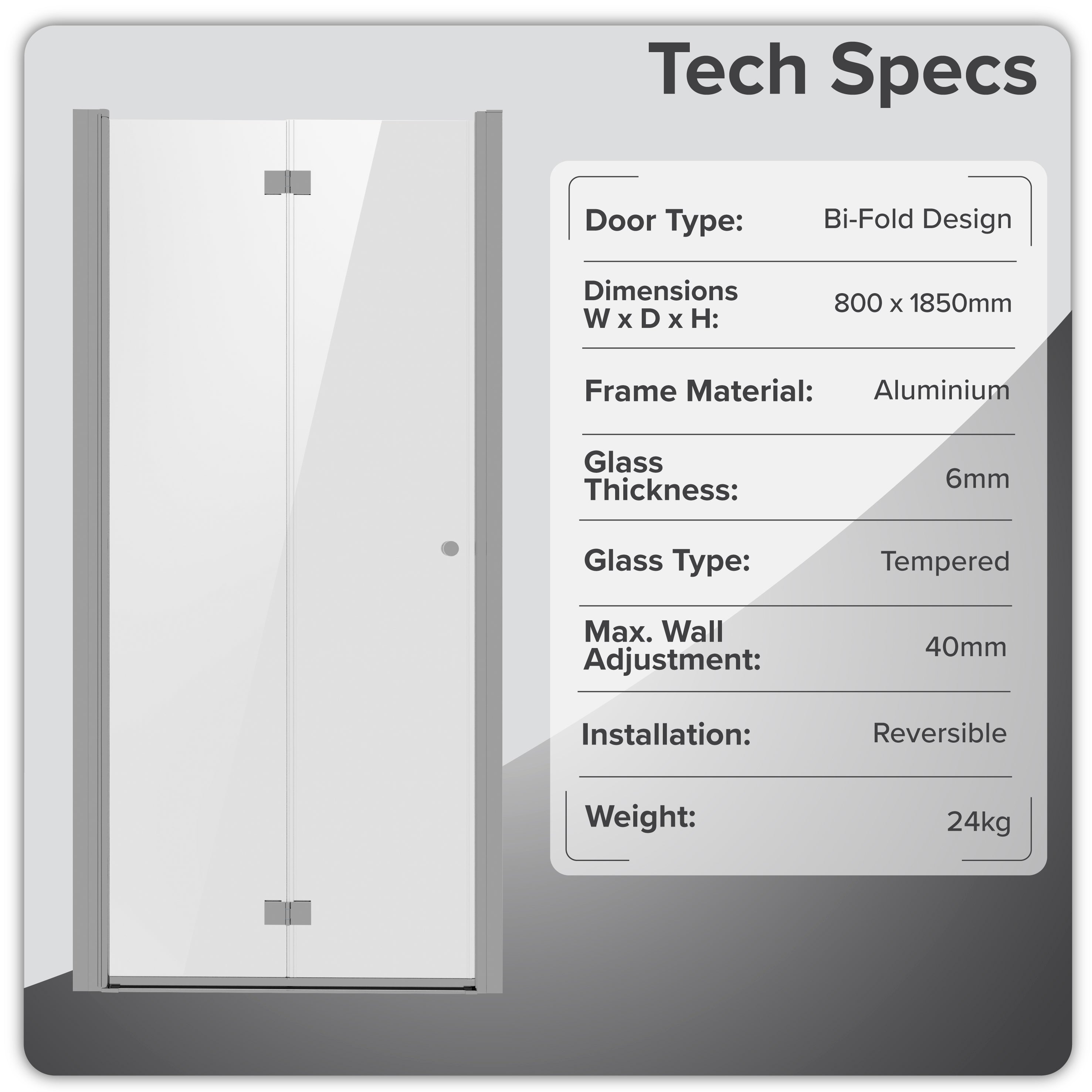 Baridi Bi-Fold Shower Door 800 x 1850mm, 6mm Tempered Glass, Reversible Installation, Chrome - DH305