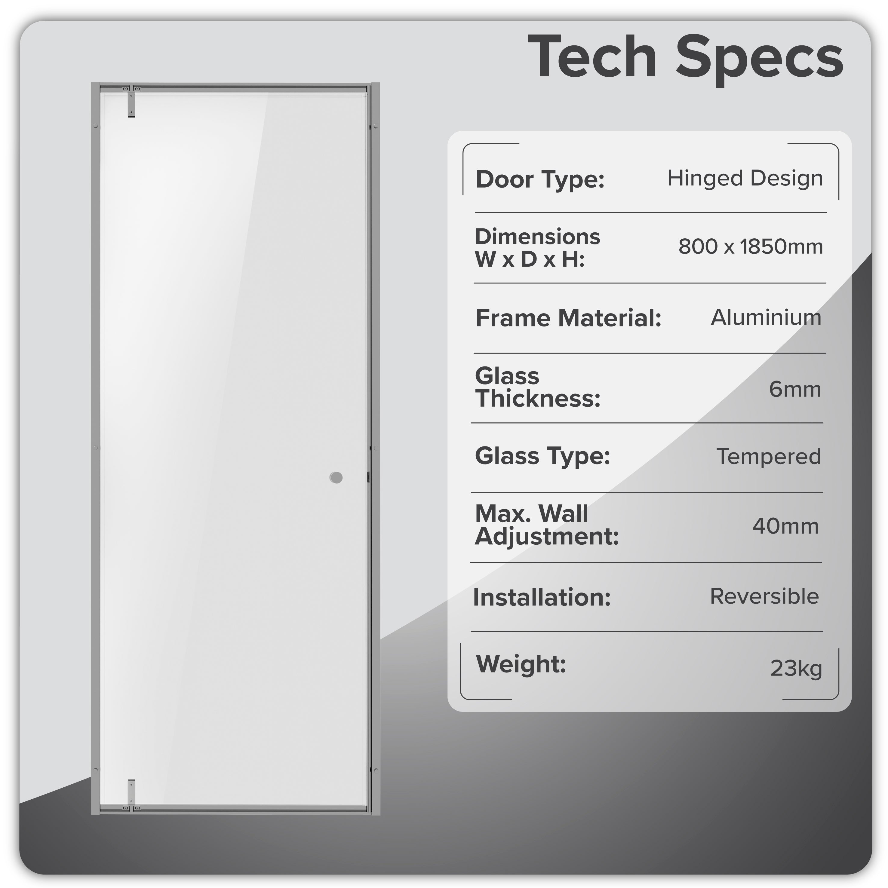 Baridi Hinged Shower Door 800 x 1850mm, 6mm Tempered Glass, Reversible Installation, Chrome - DH306