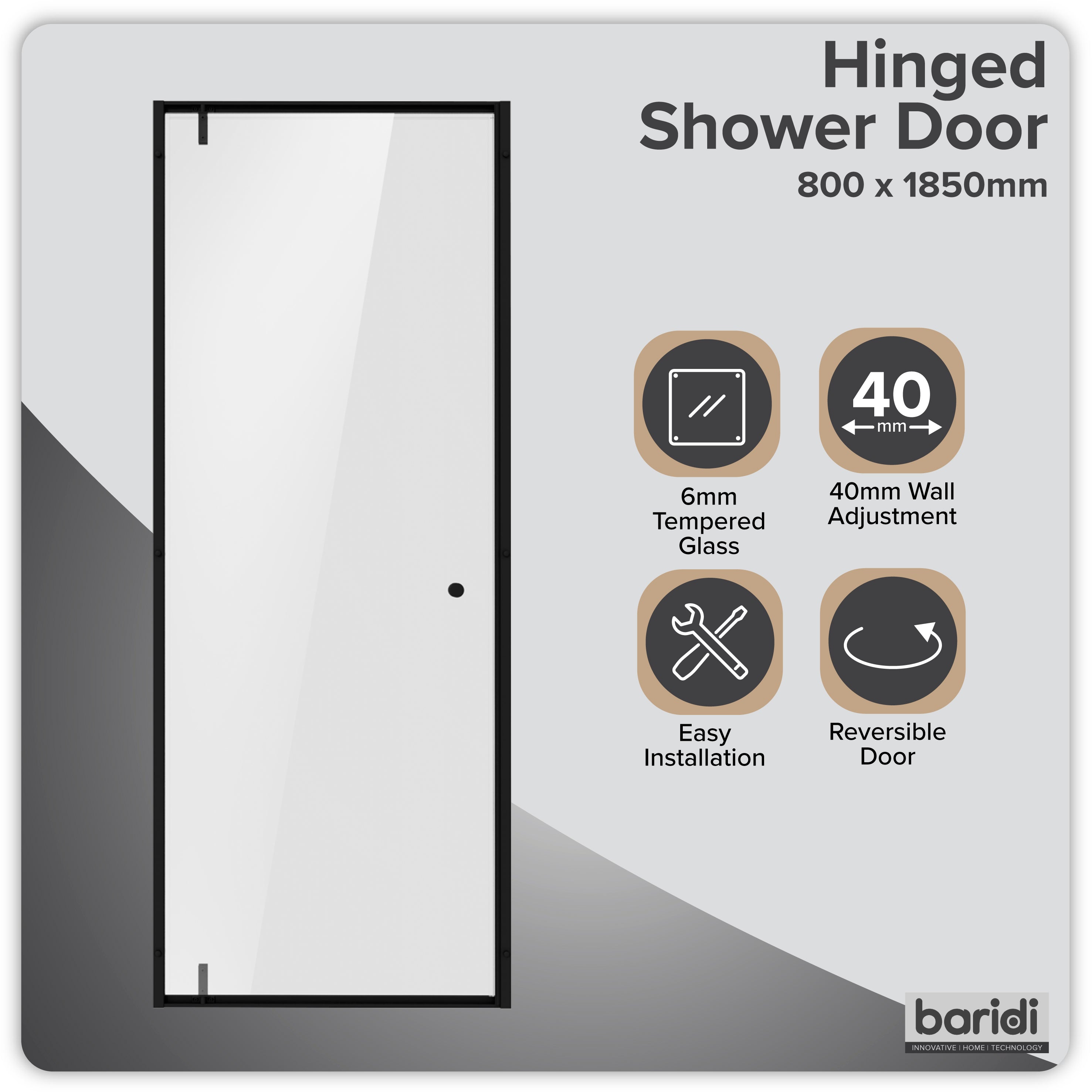 Baridi Hinged Shower Door 800 x 1850mm, 6mm Tempered Glass, Reversible Installation, Black - DH307