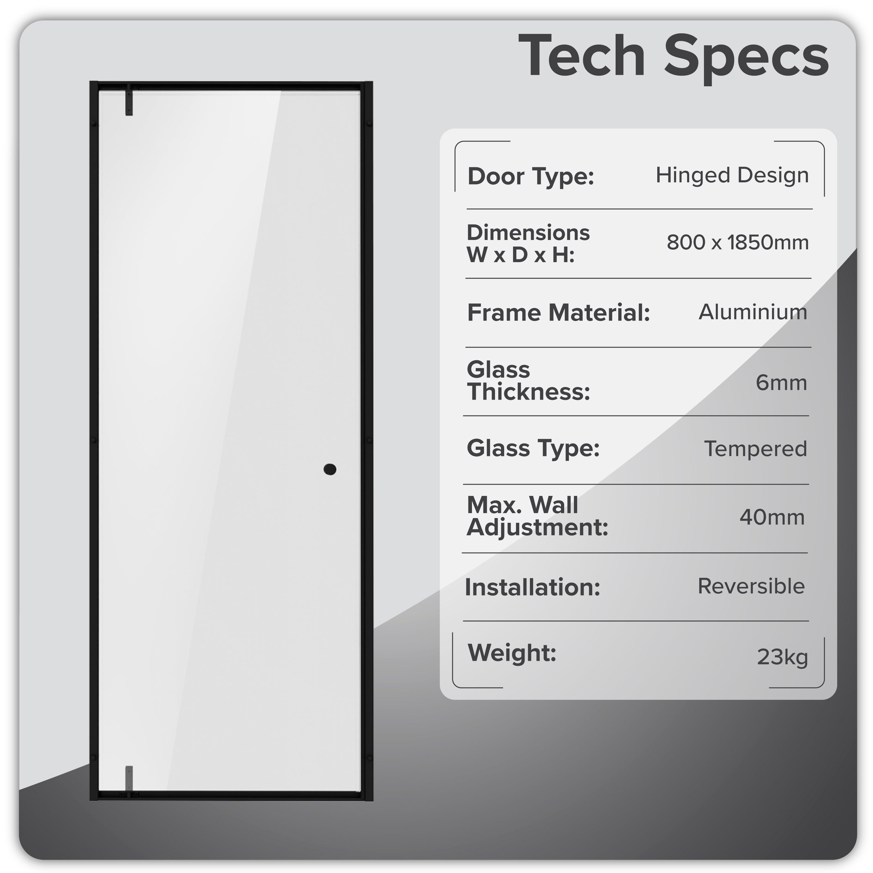 Baridi Hinged Shower Door 800 x 1850mm, 6mm Tempered Glass, Reversible Installation, Black - DH307
