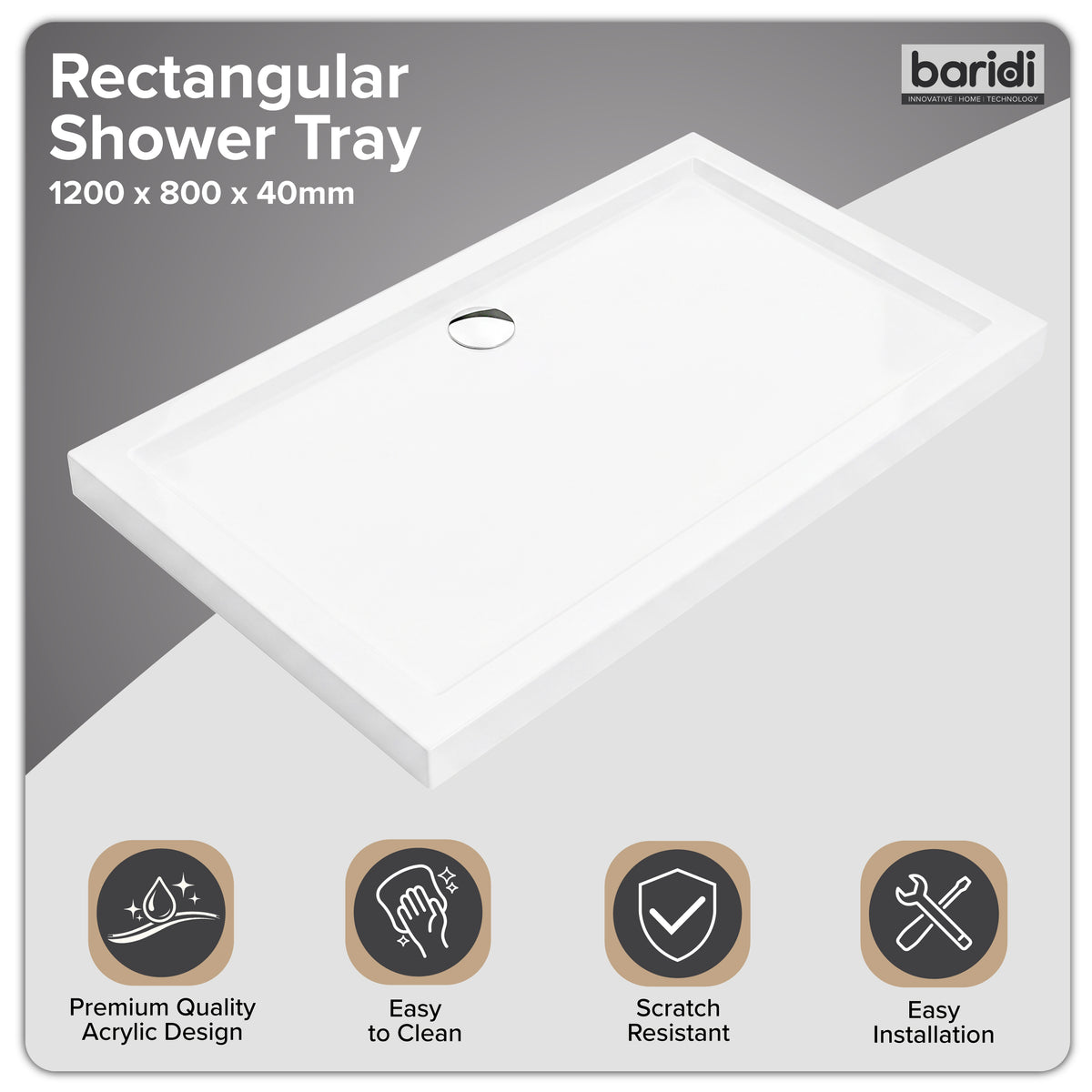 Baridi Rectangular Shower Tray 1200 x 800 x 40mm for Shower Enclosures, Acrylic, White - DH311