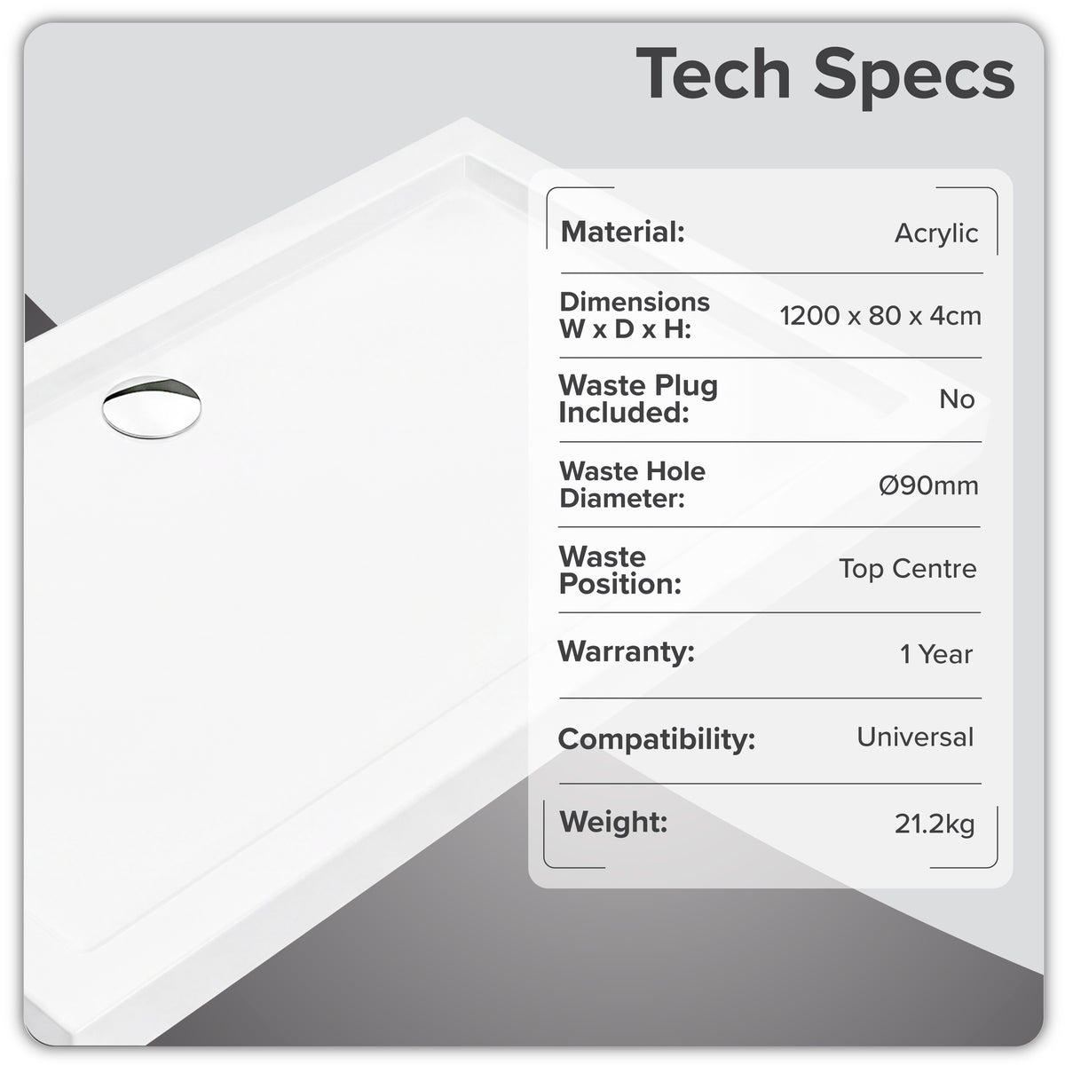 Baridi Rectangular Shower Tray 1200 x 800 x 40mm for Shower Enclosures, Acrylic, White - DH311