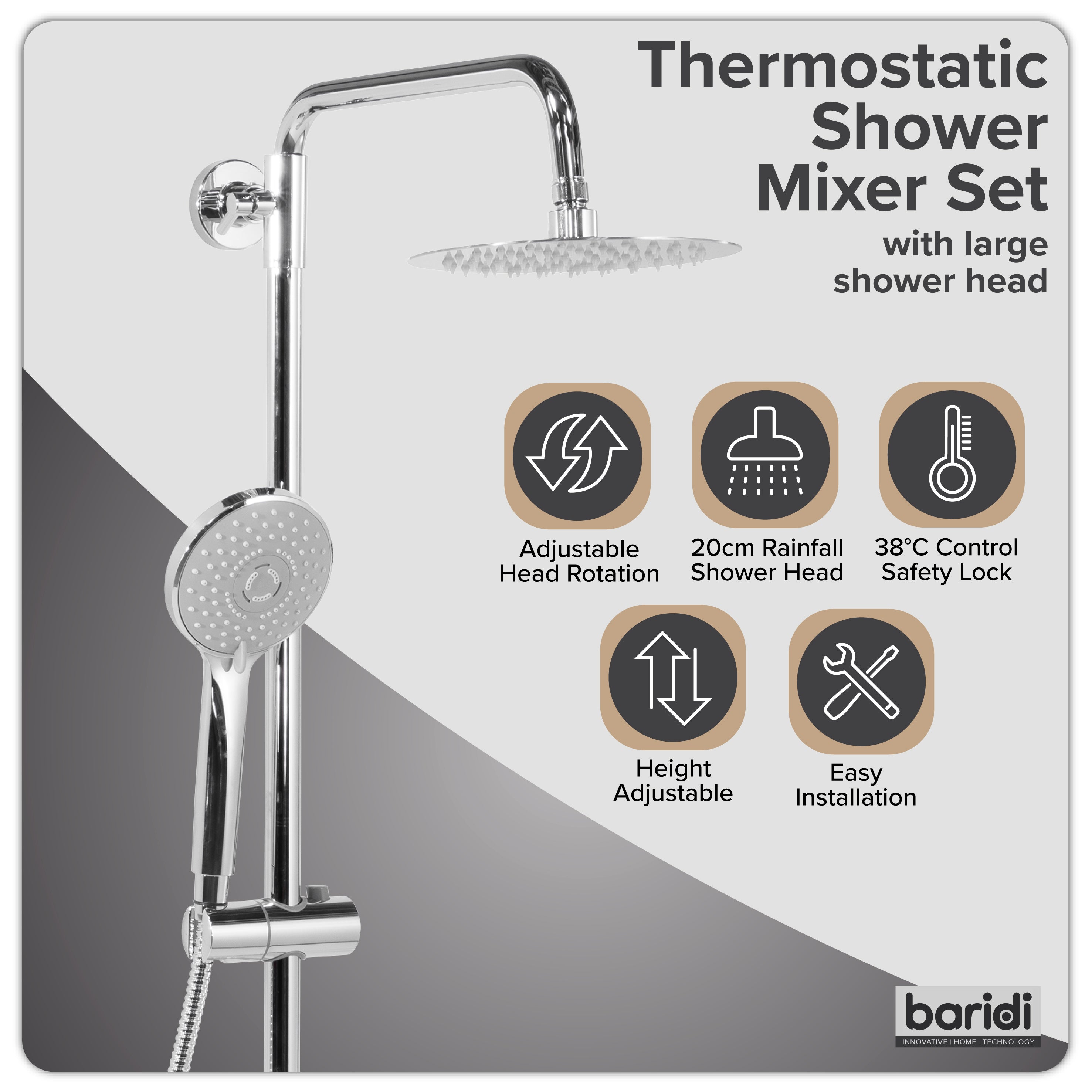 Baridi Thermostatic Shower Mixer Set, 20cm Round Head, Height Adjustable Rail, Chrome - DH314