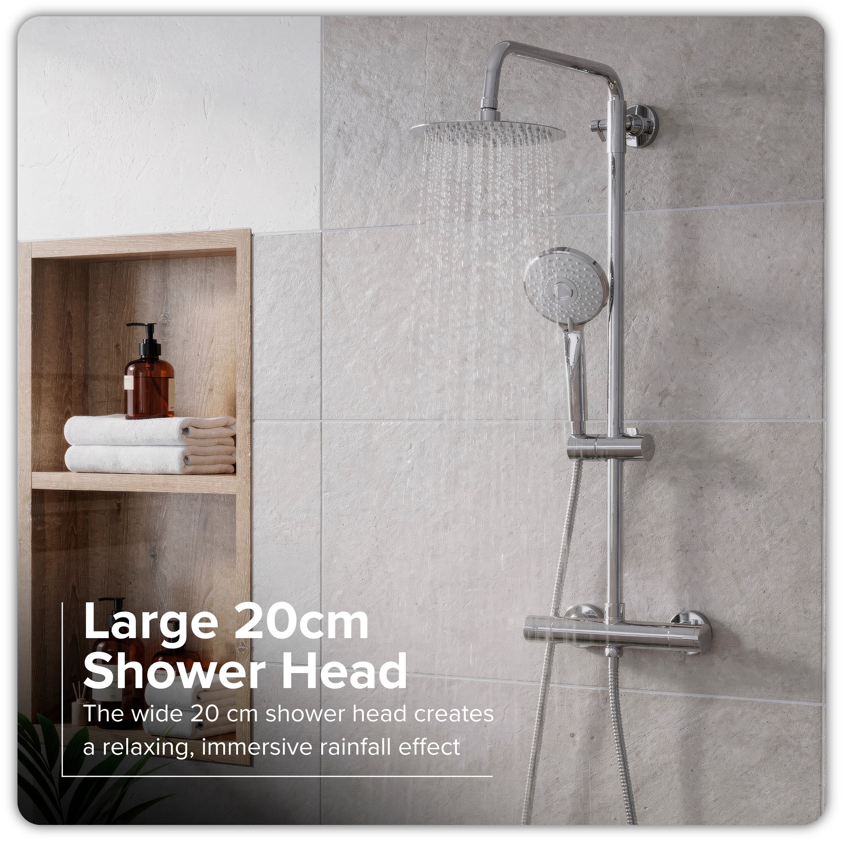 Baridi Thermostatic Shower Mixer Set, 20cm Round Head, Height Adjustable Rail, Chrome - DH314