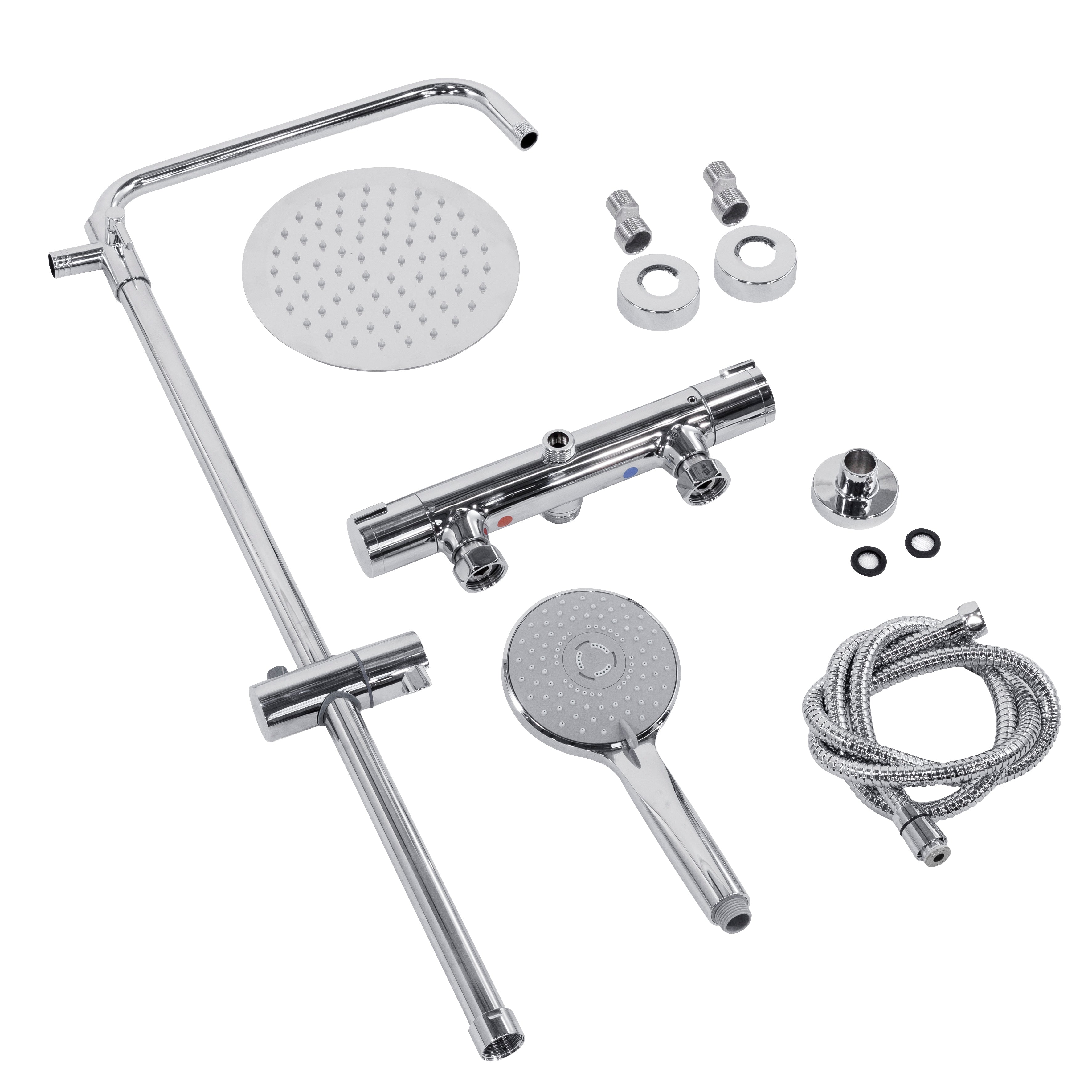 Baridi Thermostatic Shower Mixer Set, 20cm Round Head, Height Adjustable Rail, Chrome - DH314