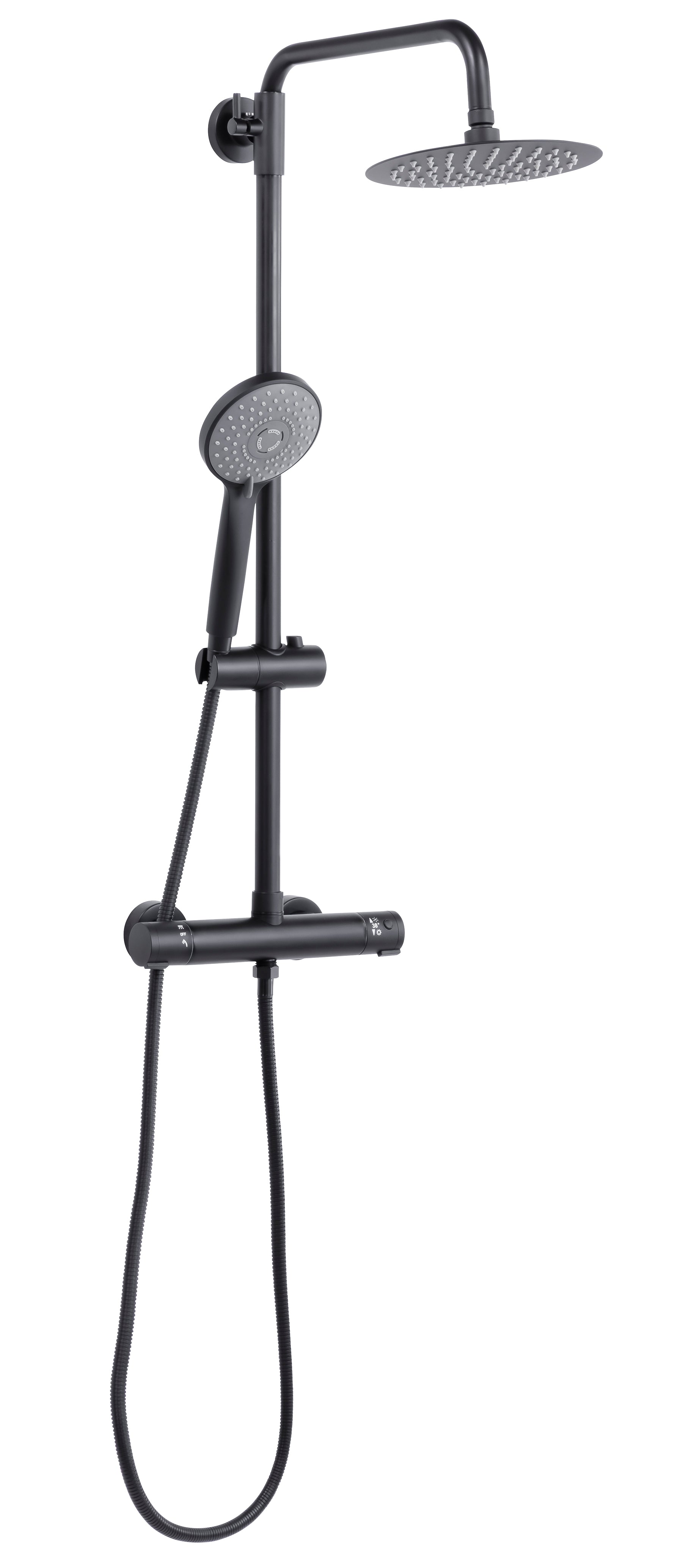 Baridi Thermostatic Shower Mixer Set, 20cm Round Head, Height Adjustable Rail, Black - DH315