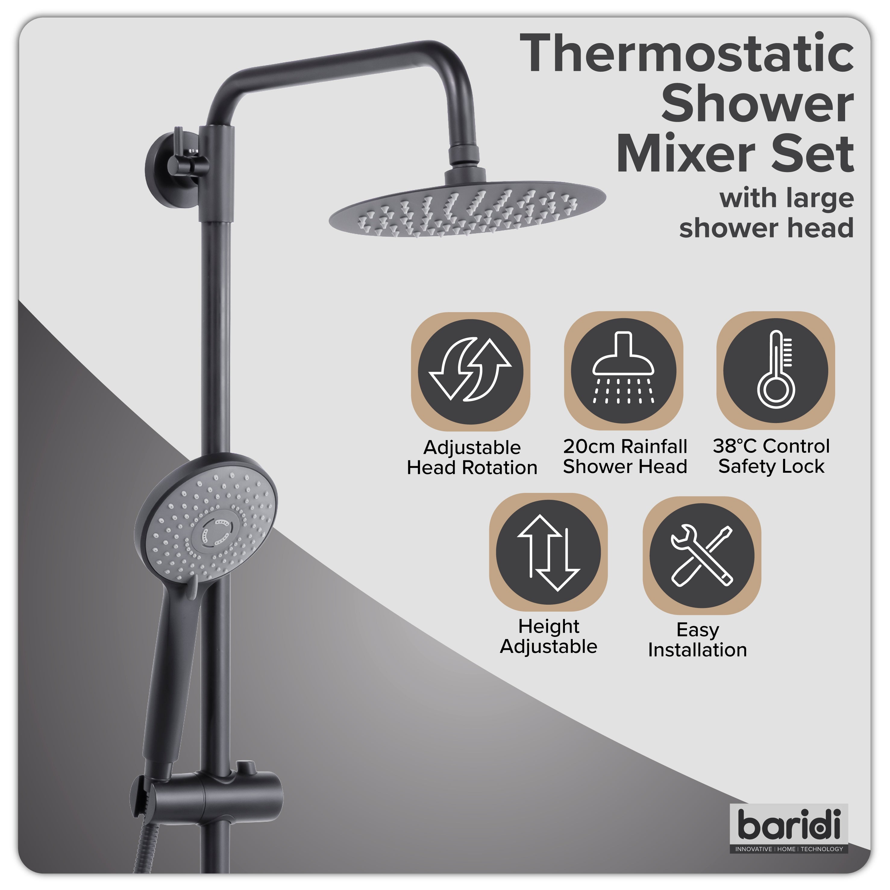 Baridi Thermostatic Shower Mixer Set, 20cm Round Head, Height Adjustable Rail, Black - DH315