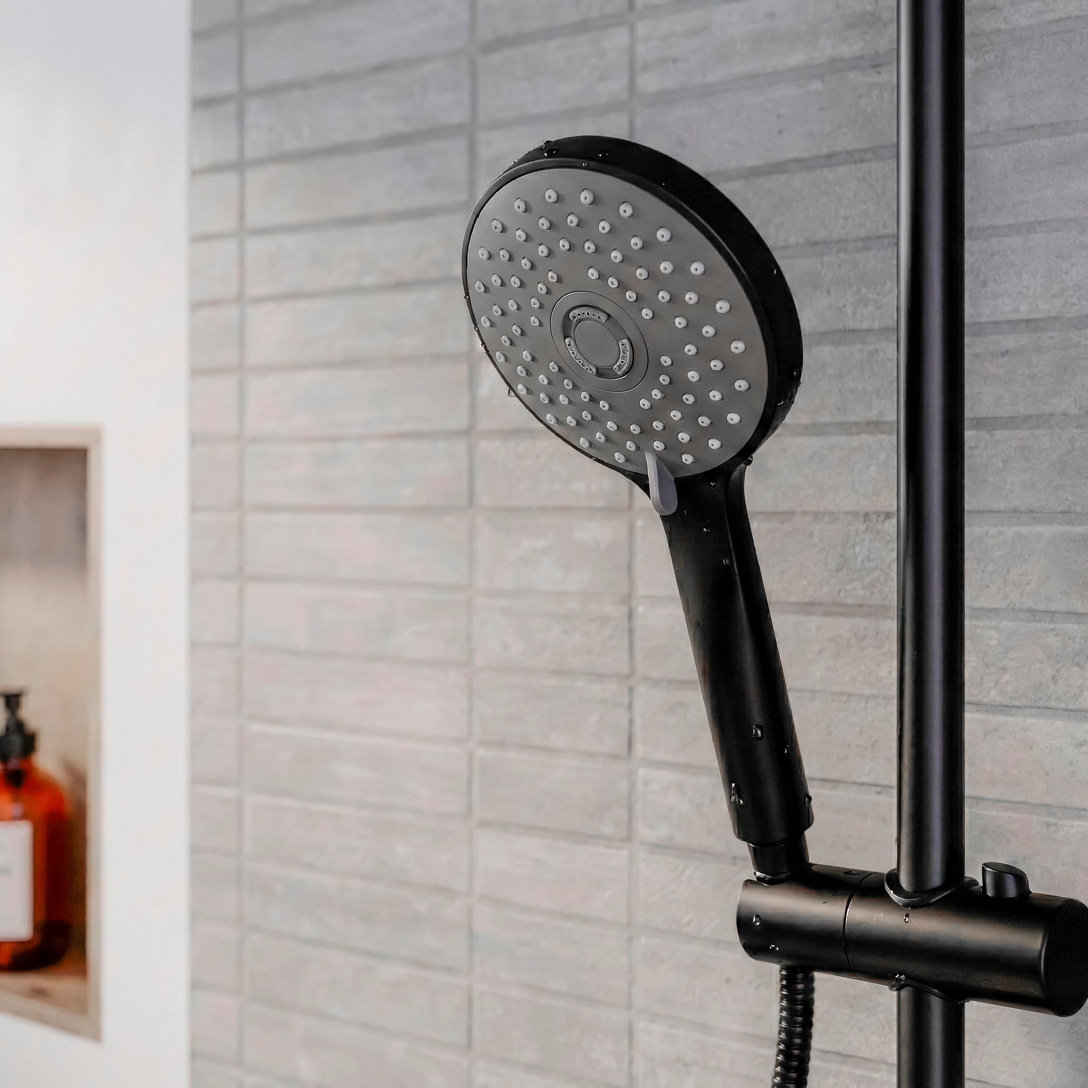 Baridi Thermostatic Shower Mixer Set, 20cm Round Head, Height Adjustable Rail, Black - DH315