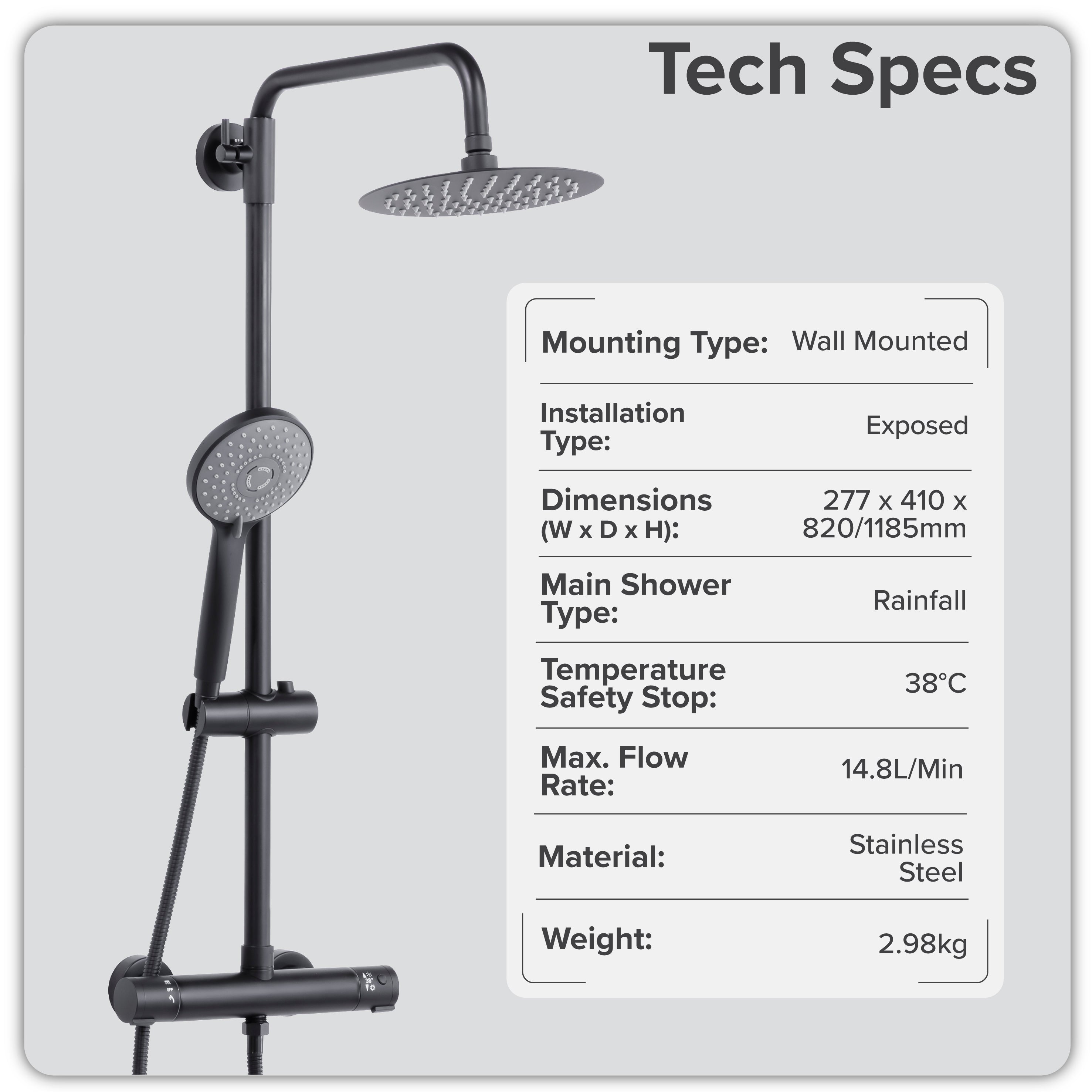 Baridi Thermostatic Shower Mixer Set, 20cm Round Head, Height Adjustable Rail, Black - DH315
