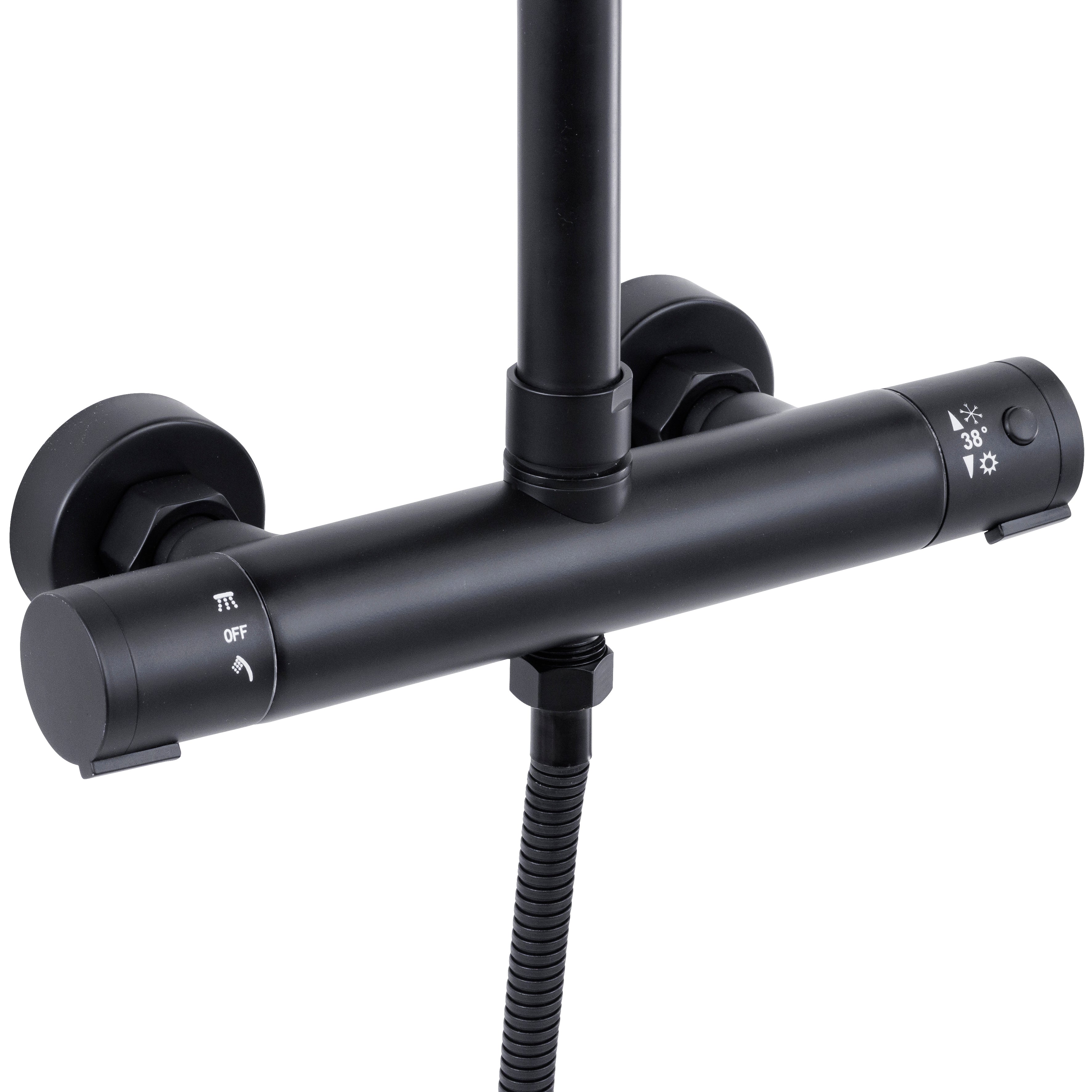 Baridi Thermostatic Shower Mixer Set, 20cm Round Head, Height Adjustable Rail, Black - DH315