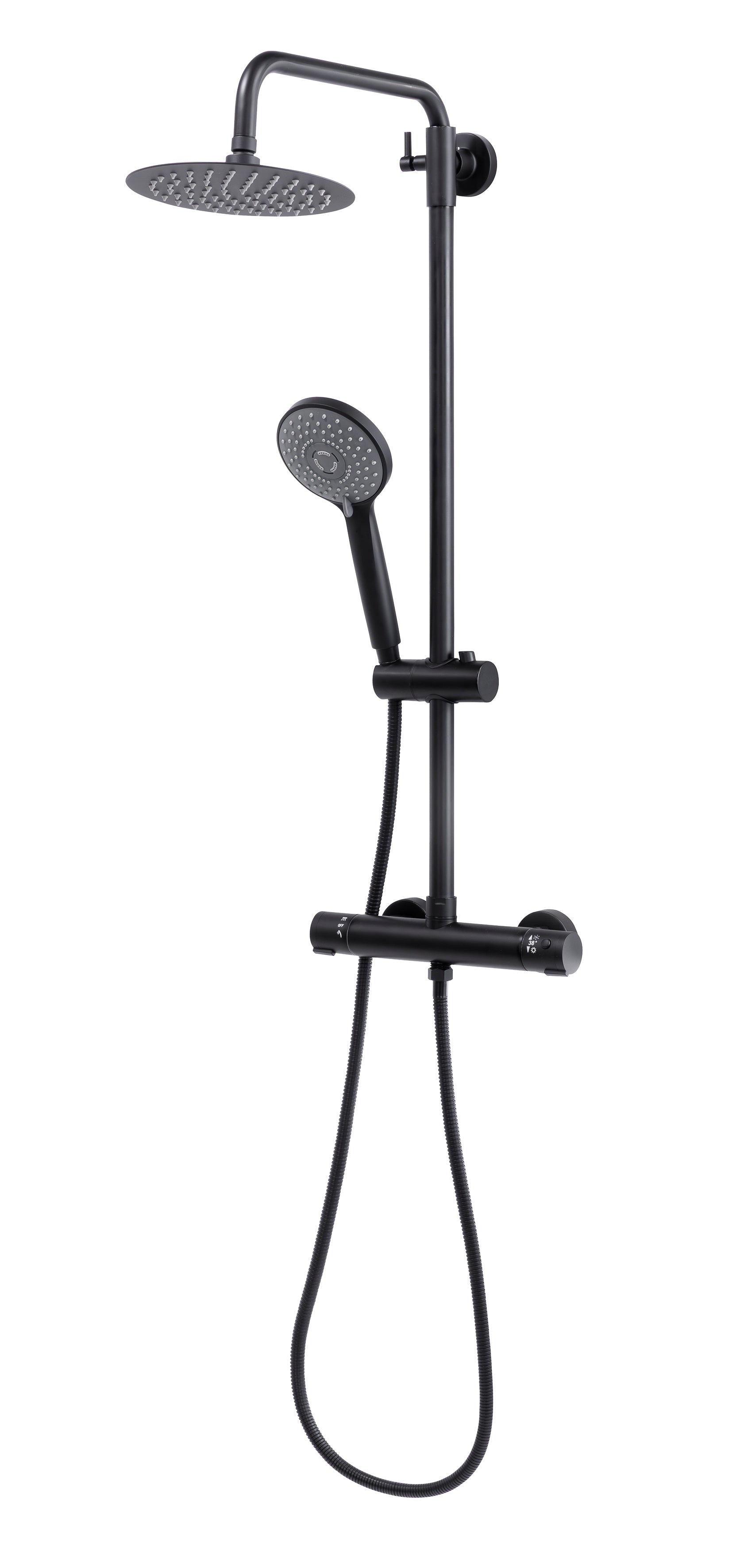 Baridi Thermostatic Shower Mixer Set, 20cm Round Head, Height Adjustable Rail, Black - DH315