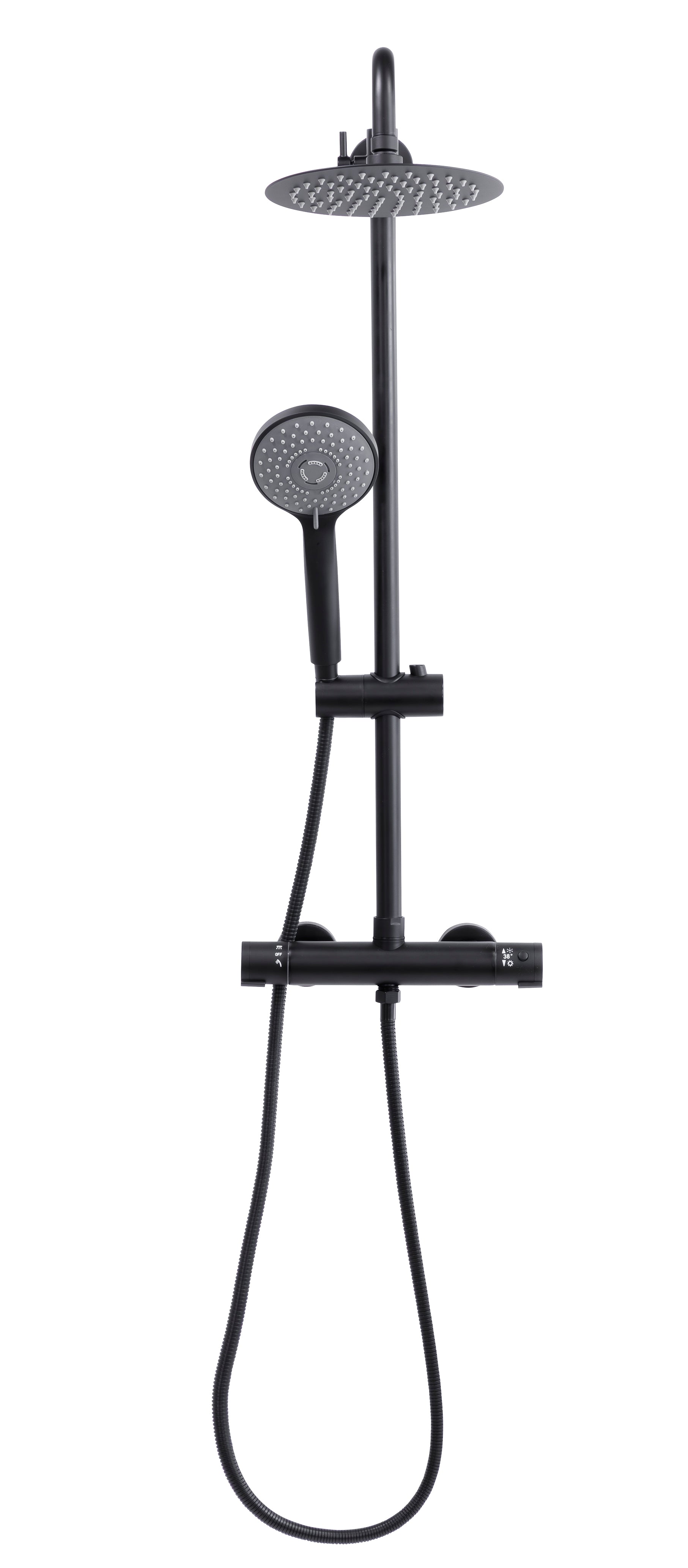 Baridi Thermostatic Shower Mixer Set, 20cm Round Head, Height Adjustable Rail, Black - DH315