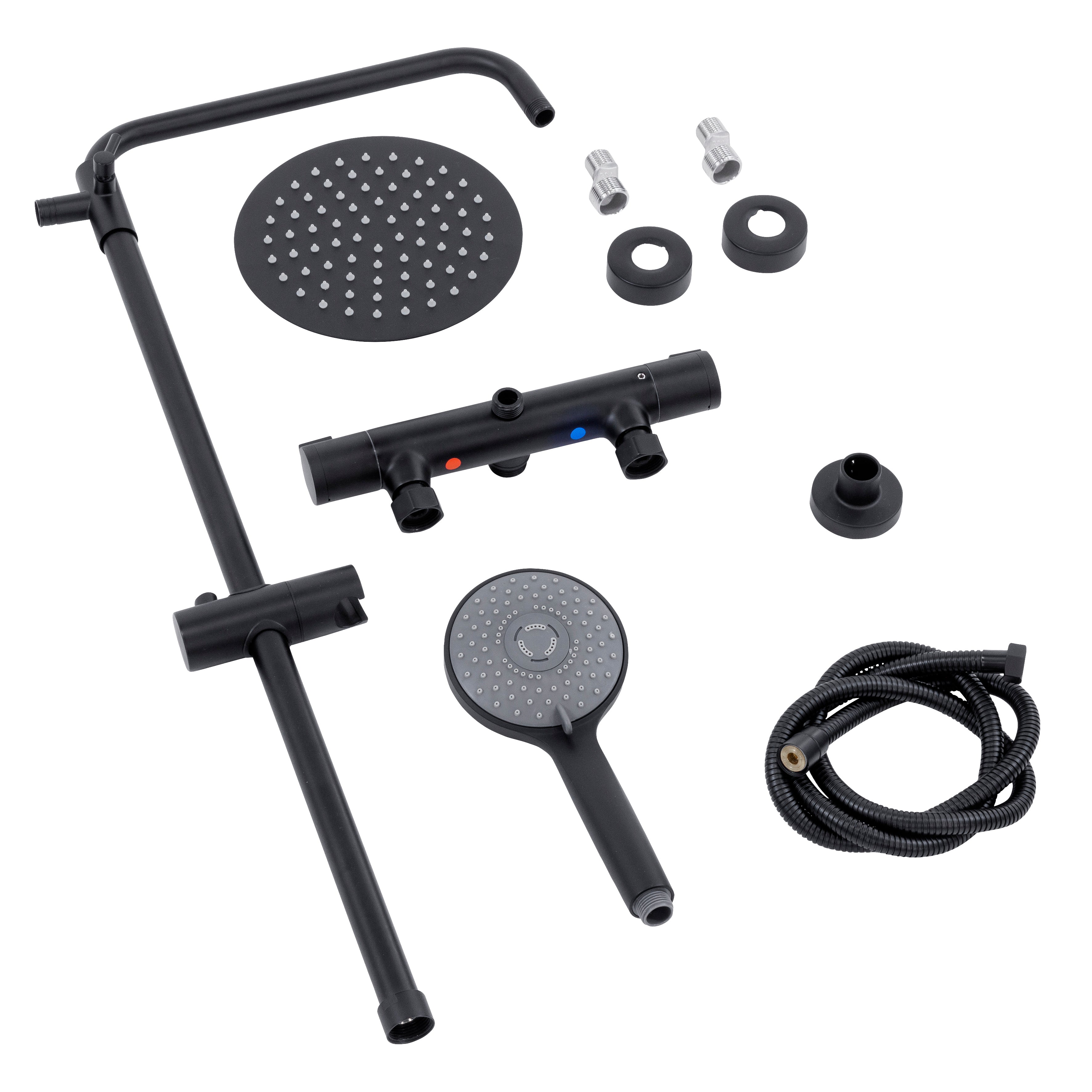 Baridi Thermostatic Shower Mixer Set, 20cm Round Head, Height Adjustable Rail, Black - DH315